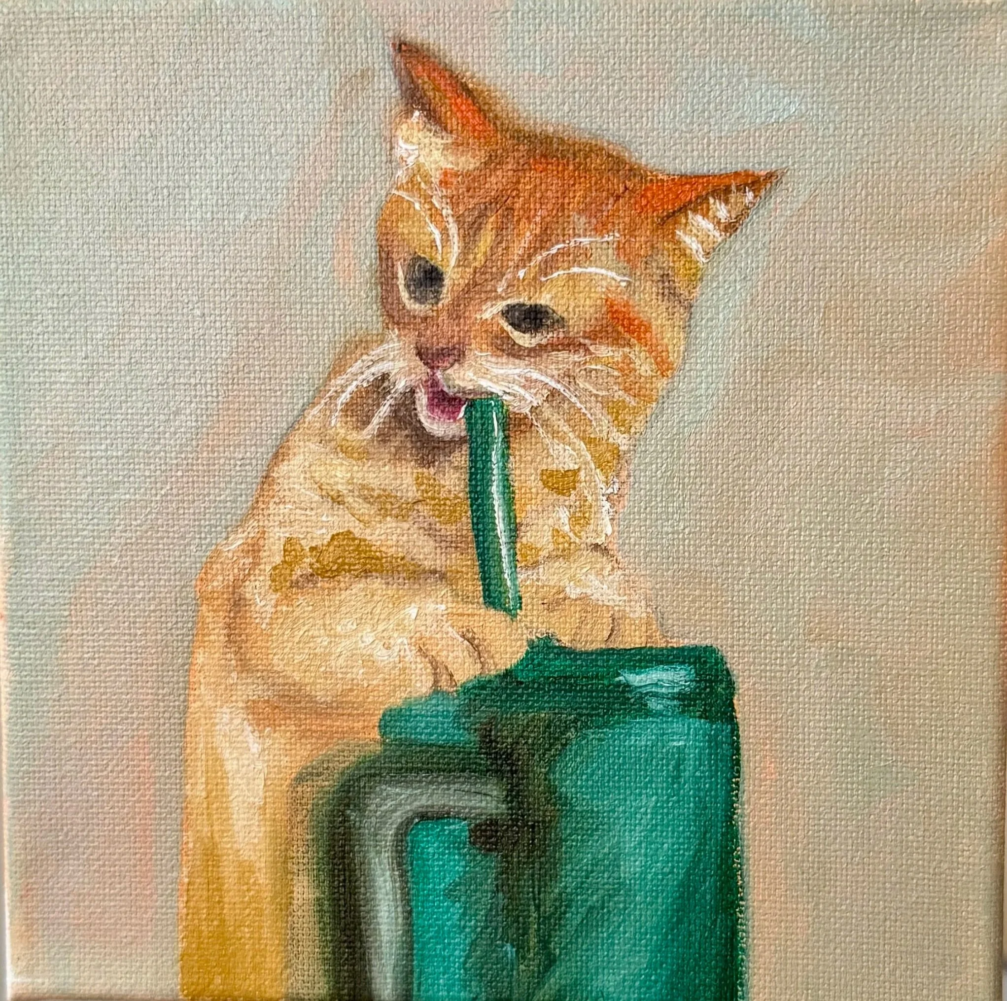 Stanley the Cat, Oil paint on canvas, 6"x6" 2025. Painting of a kitten biting a straw.