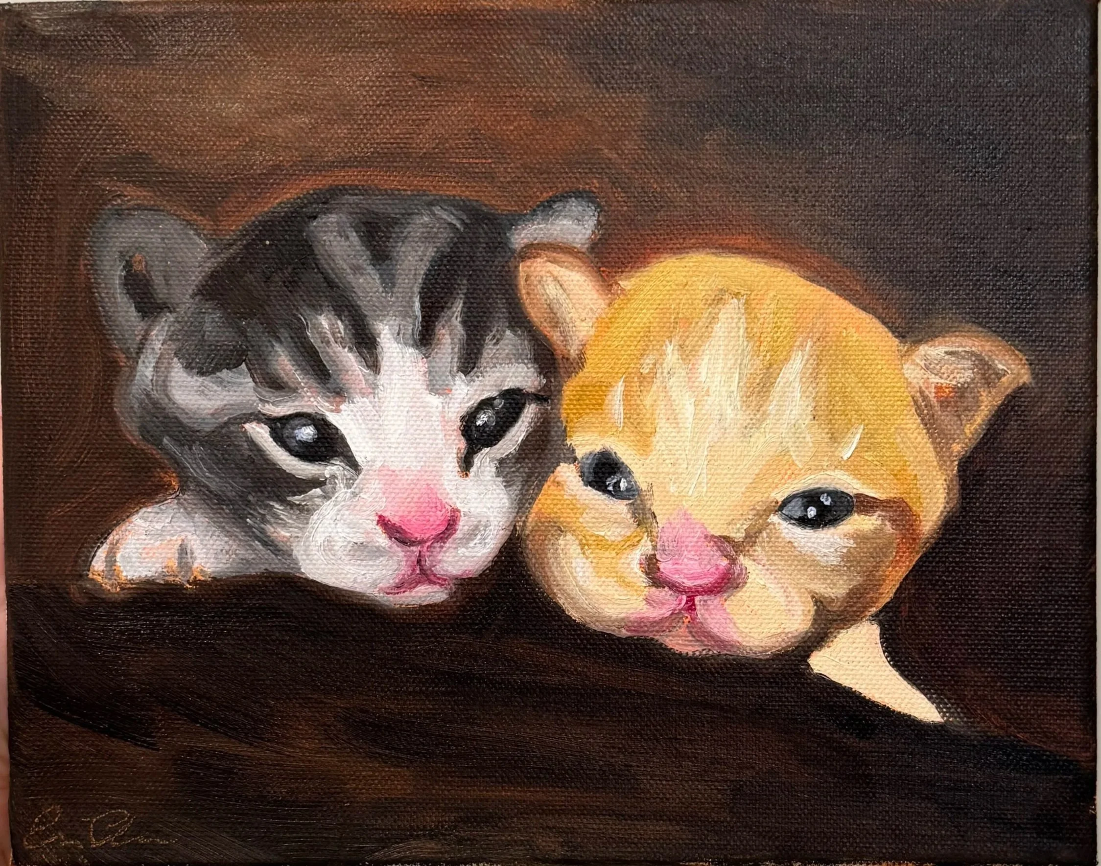 Webcam Kitties, Oil paint on canvas, 8"x10" . A painting of two kittens looking into a webcam for their picture to be taken. 