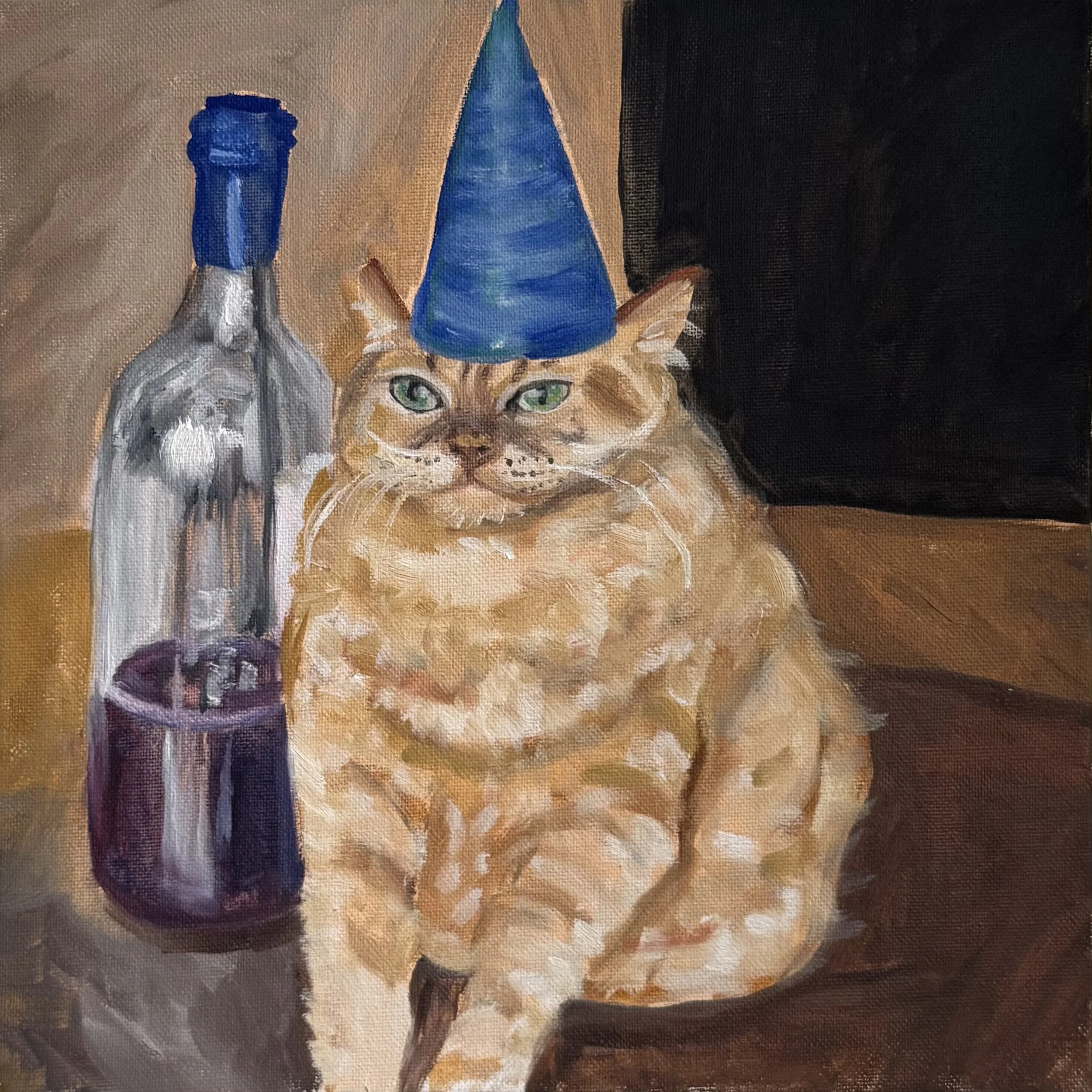 Party for 2, Oil on canvas, 12"x12" A painting of a ginger cat wearing a blue party hat, sitting next to a wine bottle.