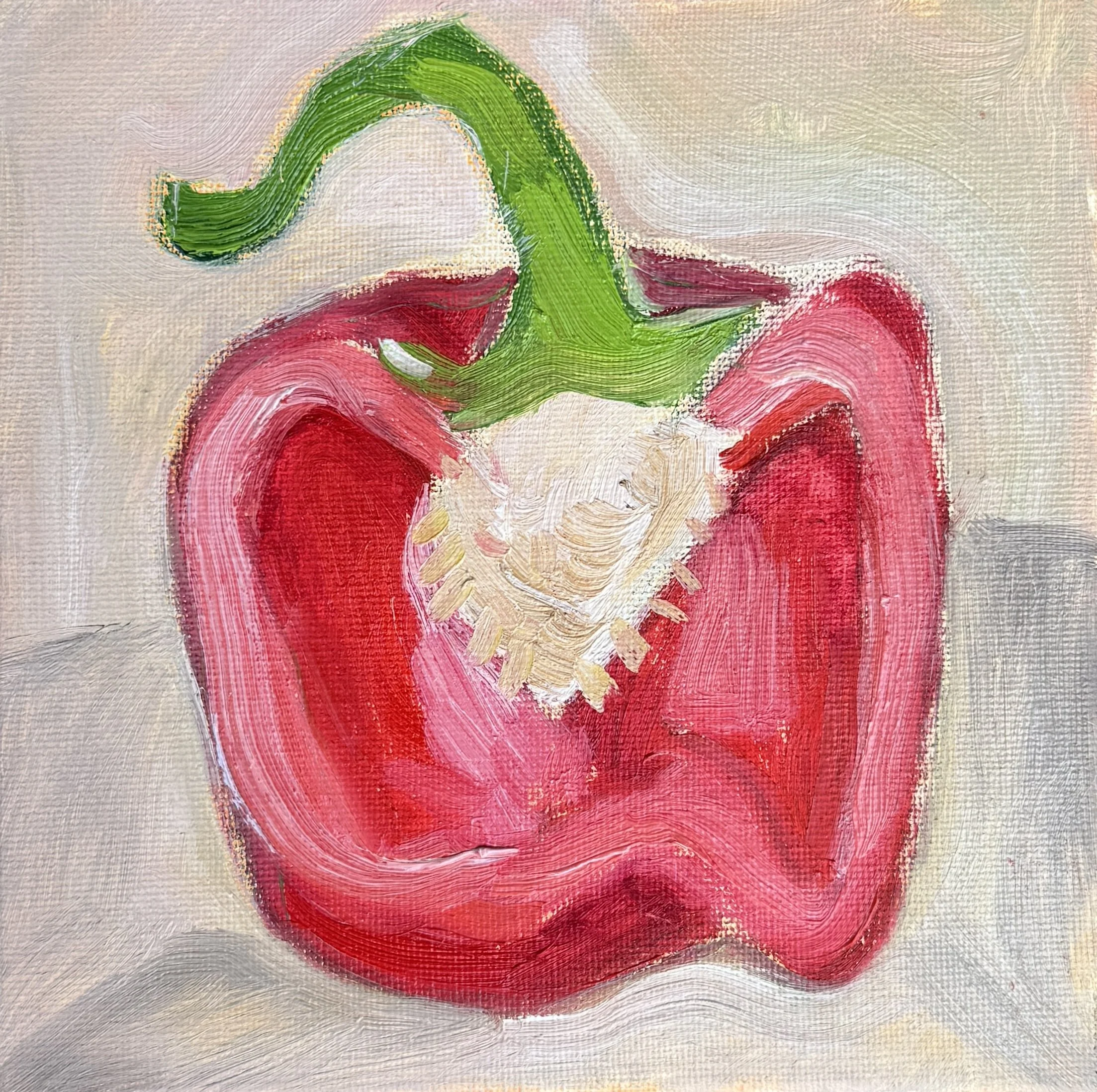 Bell Pepper, Oil on canvas, 6"x6" - 2024. Close-up oil painting of a bell pepper cut in half. 