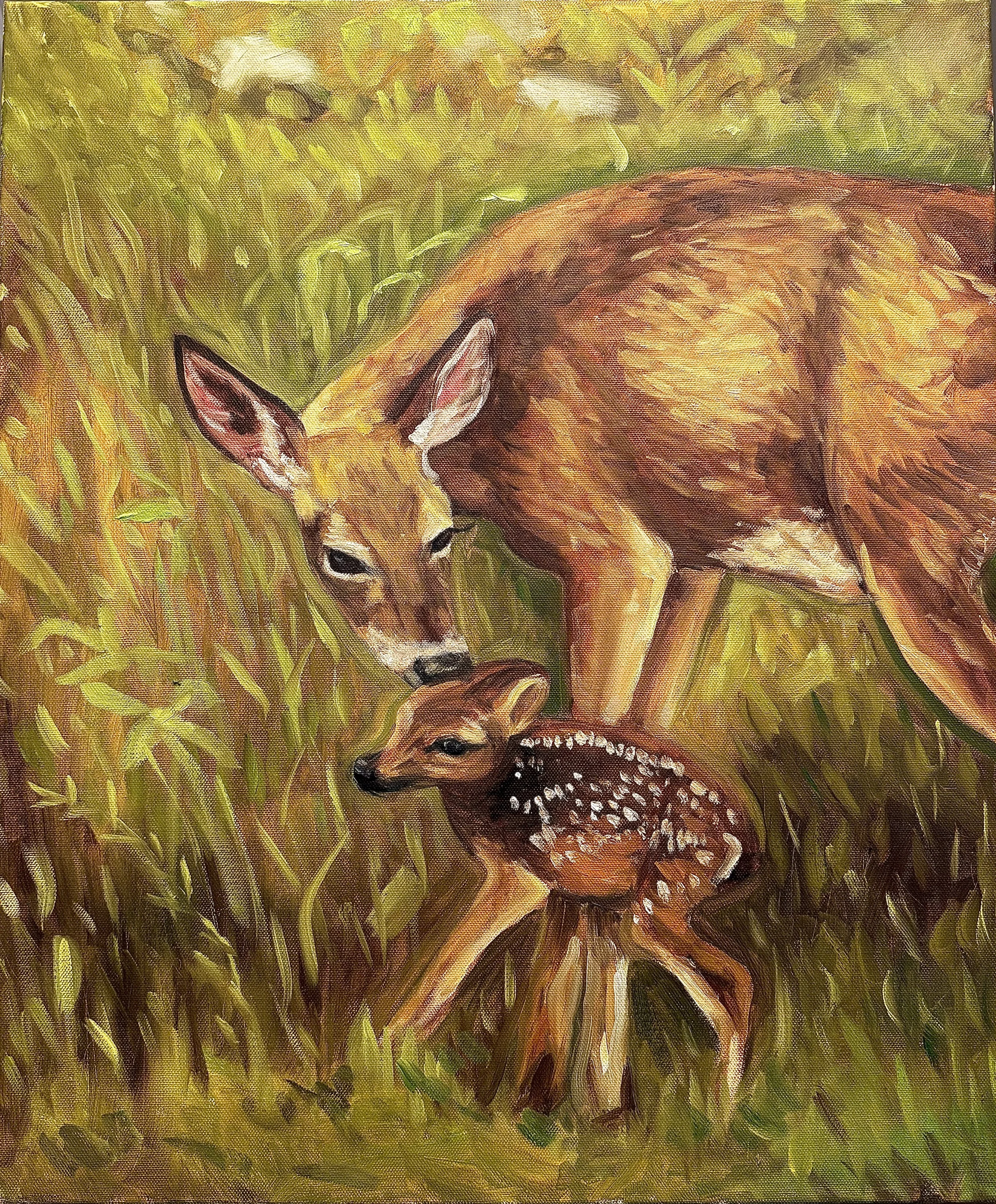 Doe and Fawn, 
Oil paint on canvas, 20"x24" a doe and fawn in tall grass