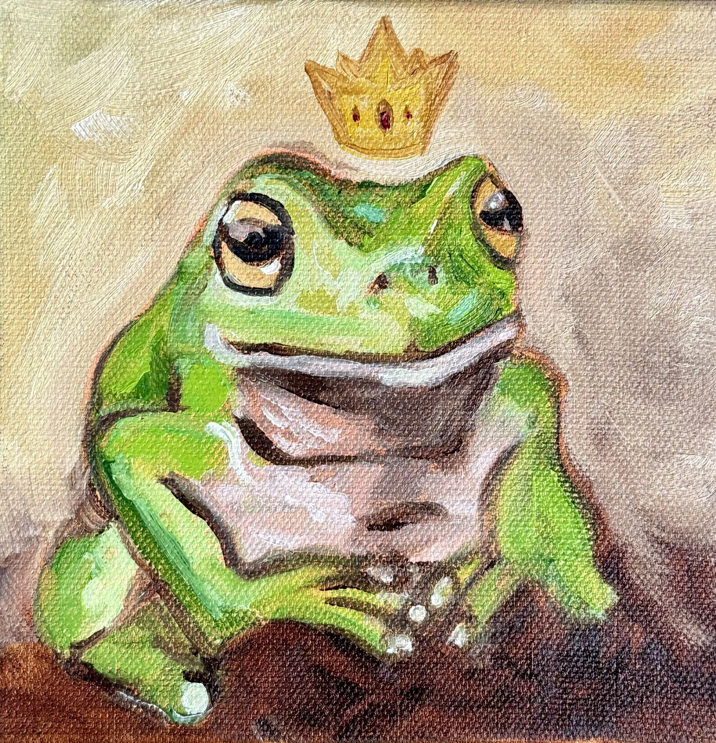 Frog King,
Oil on canvas,
6"x6" - 2025.
A colorful painting of a green frog with large eyes, wearing a gold crown with red gems, painted on canvas.