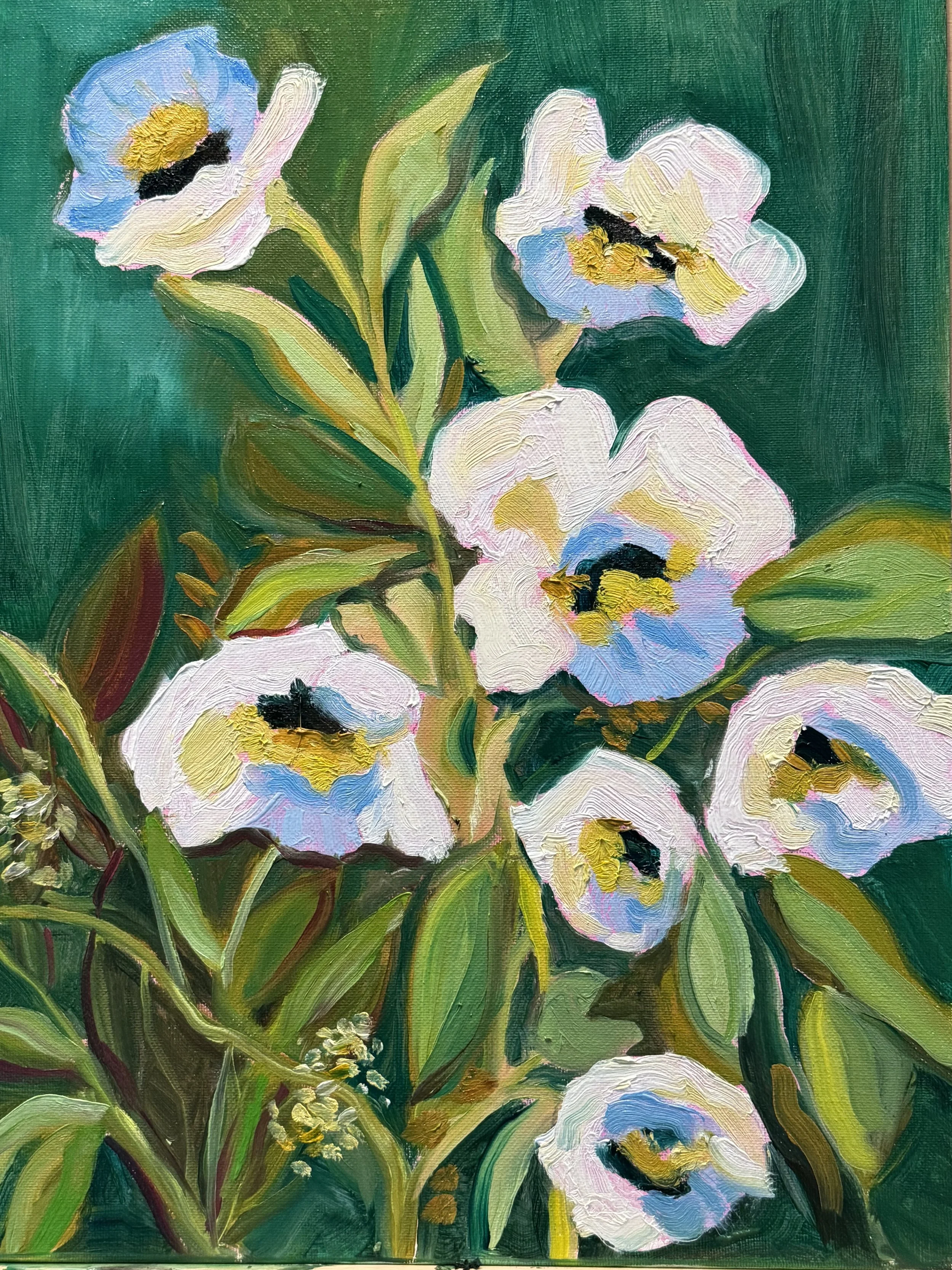 An oil painting of white flowers with yellow and black centers and green leaves against a dark green background.