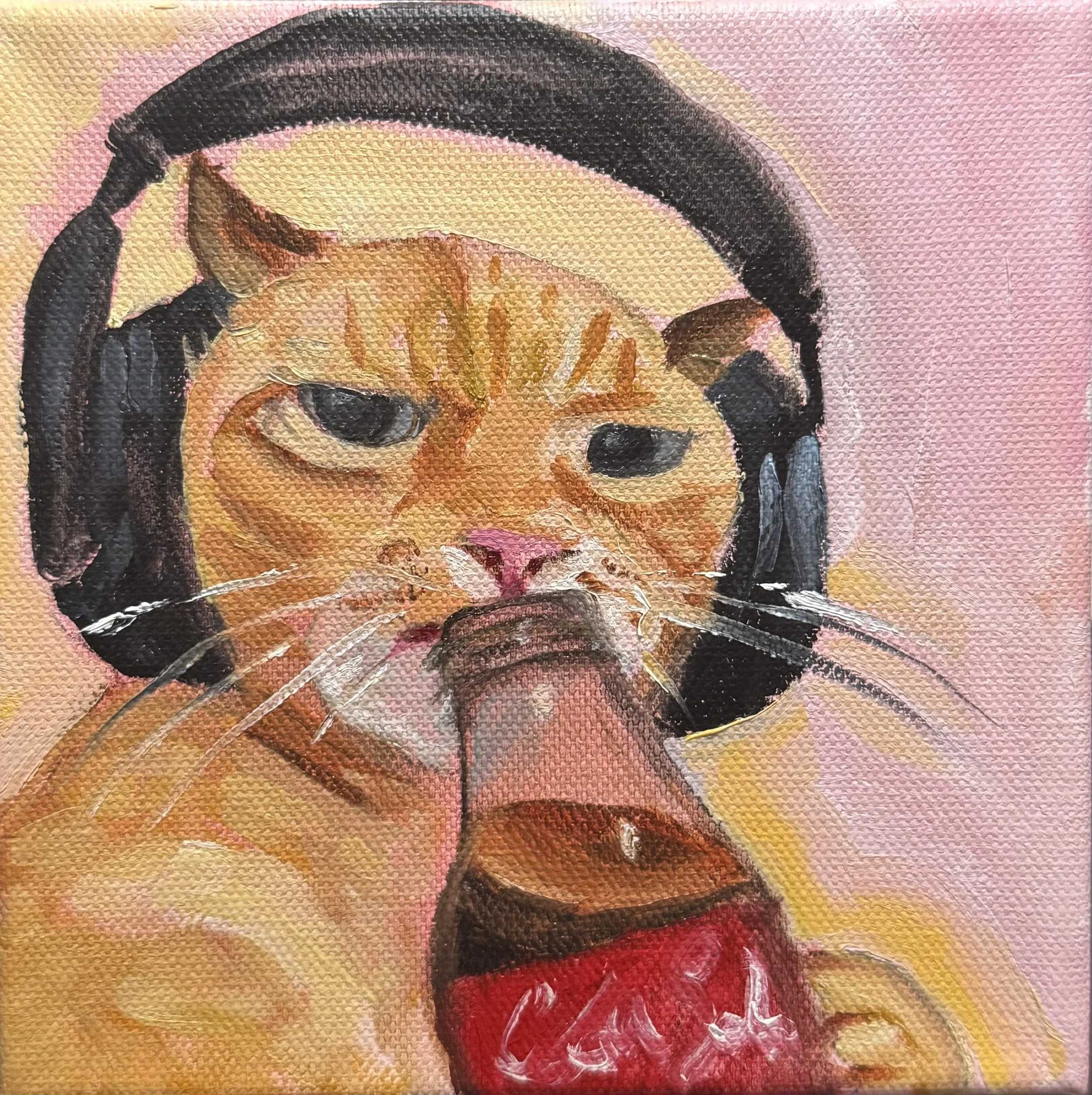 Gamer Kitty, Oil on canvas, 6"x6" 2026. Orange cat drinking out of a coke bottle and wearing headphones. 
