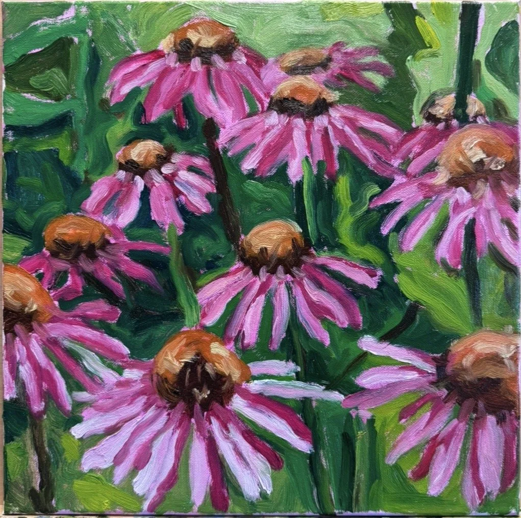 Painting of pink coneflowers with bees collecting nectar on the petals.