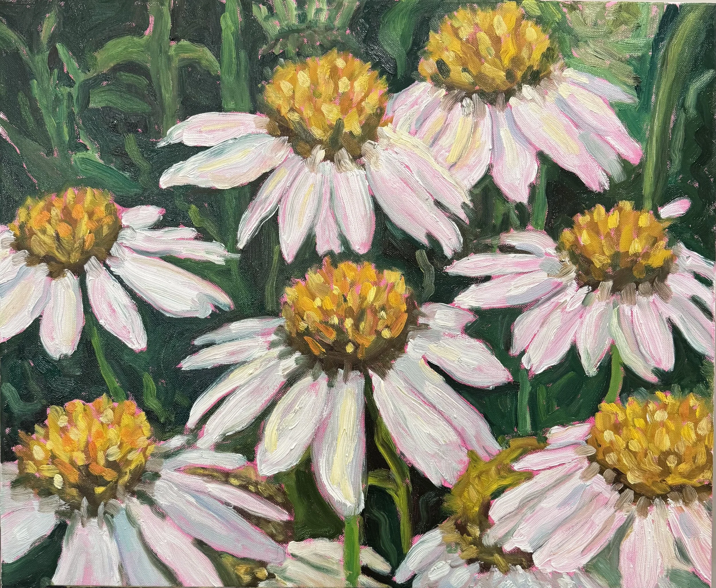 A painting of white flowers with yellow centers and dark pink accents surrounded by green foliage.