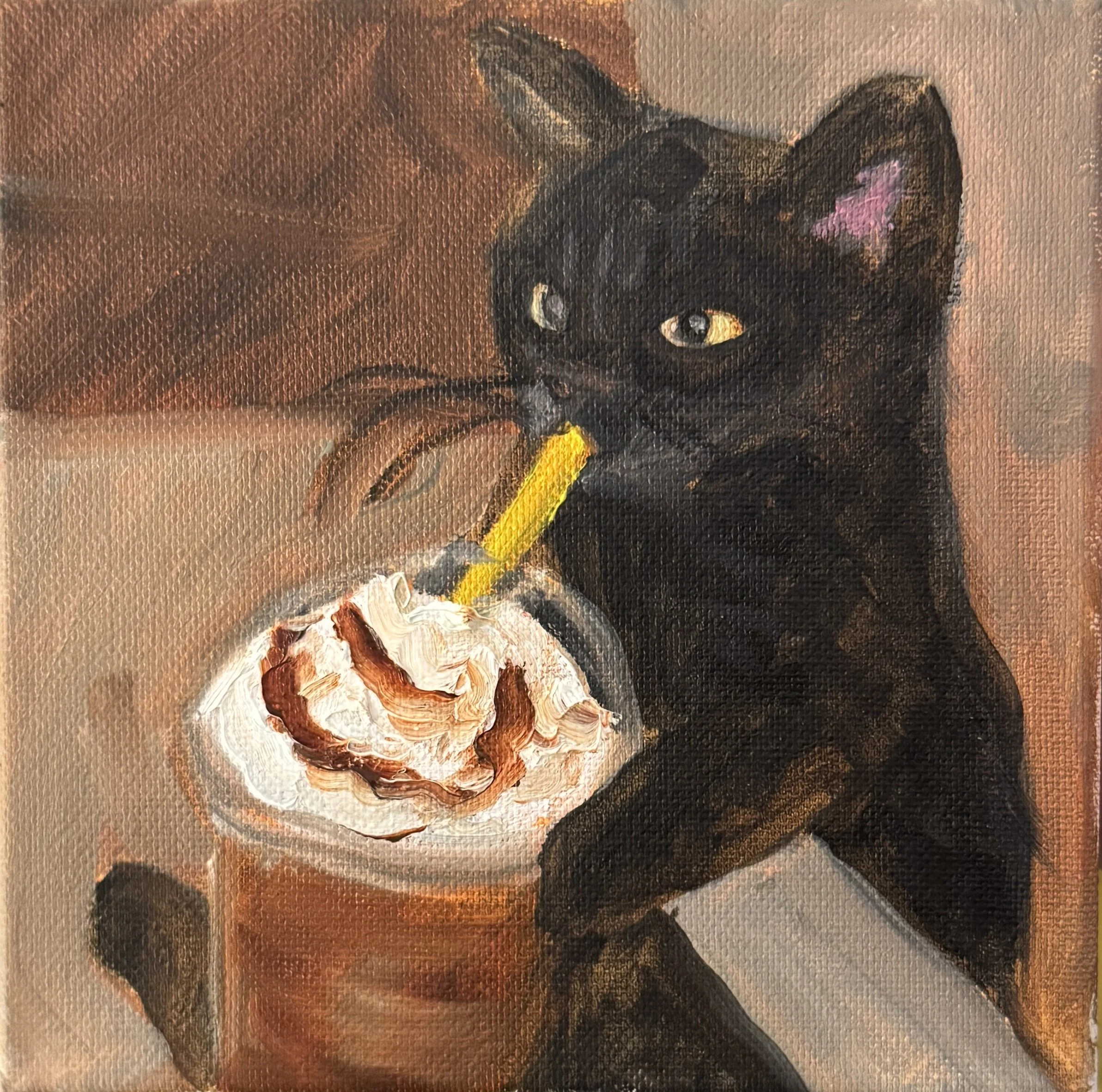 Mocha Lover, Oil painting on canvas, 6"x6" 2025. A black cat, sitting in a car, drinking a mocha Frappuccino. 