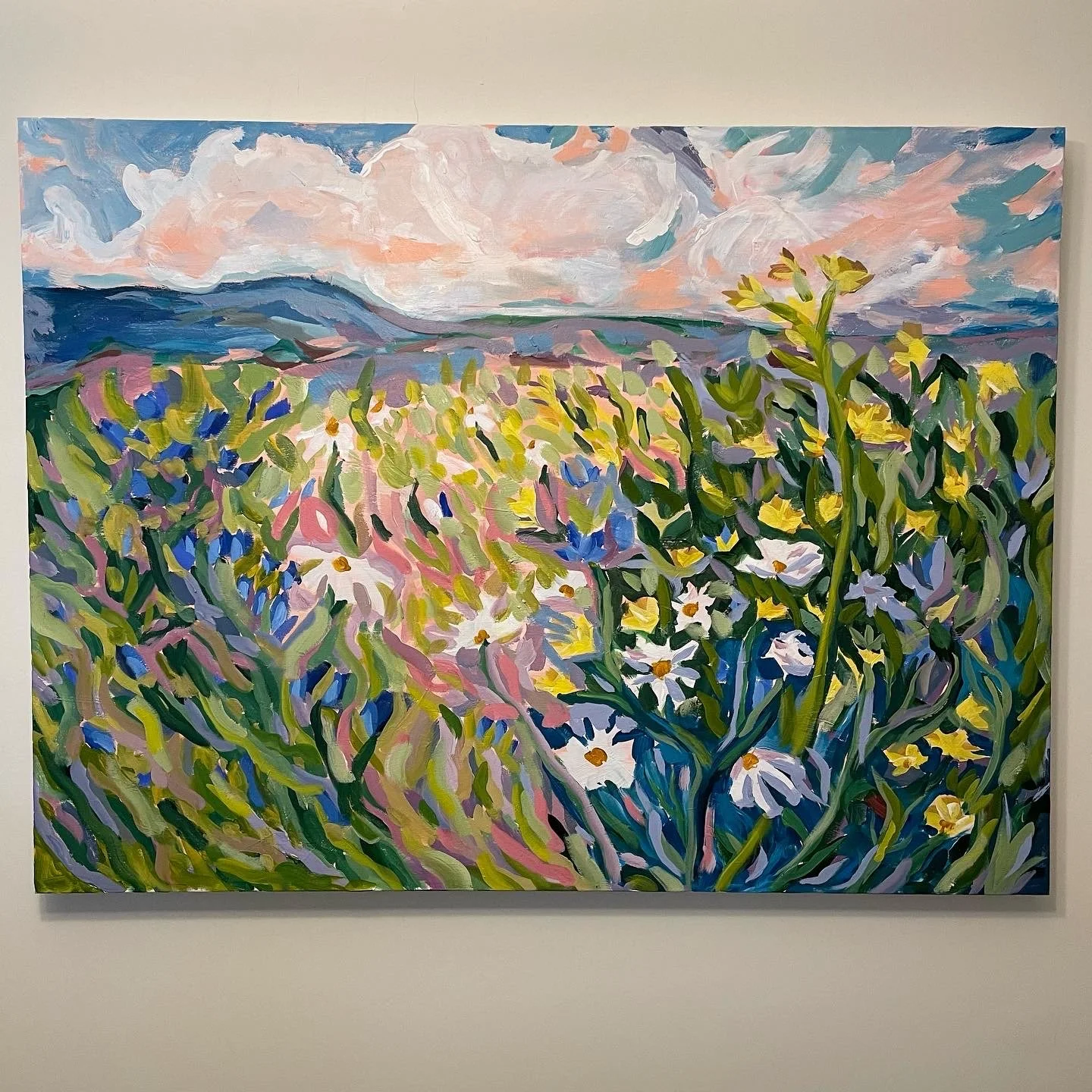 Ontario Fields,
Acrylic paint on Canvas,
36"x48" - 2023. 
Abstract landscape painting of a flowering field under a pink and blue sky. 