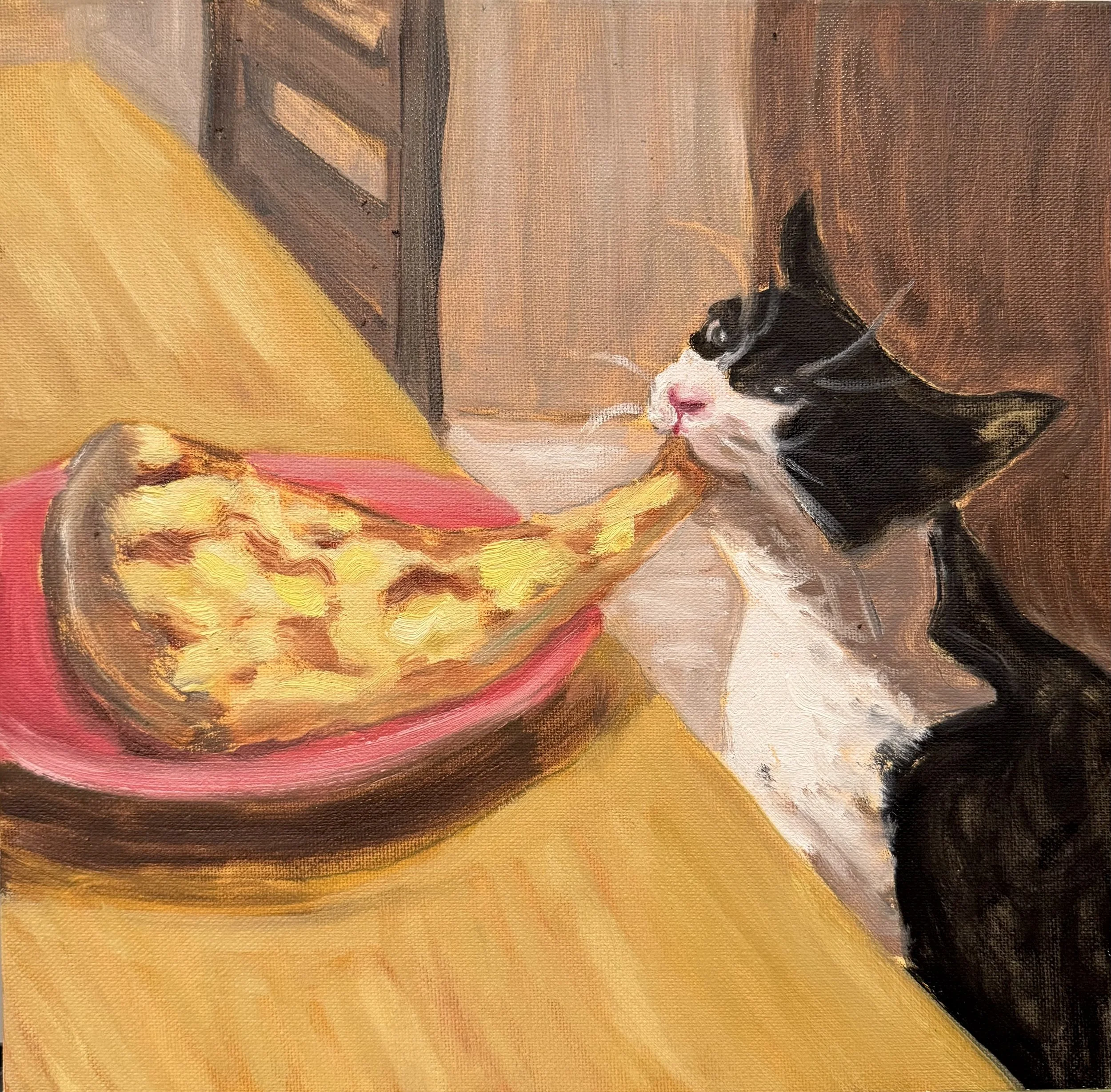 Pizza Cat, Oil paint on canvas, 12"x12" 2026. Close-up of a painting of a black and white cat eating pizza at a table. 