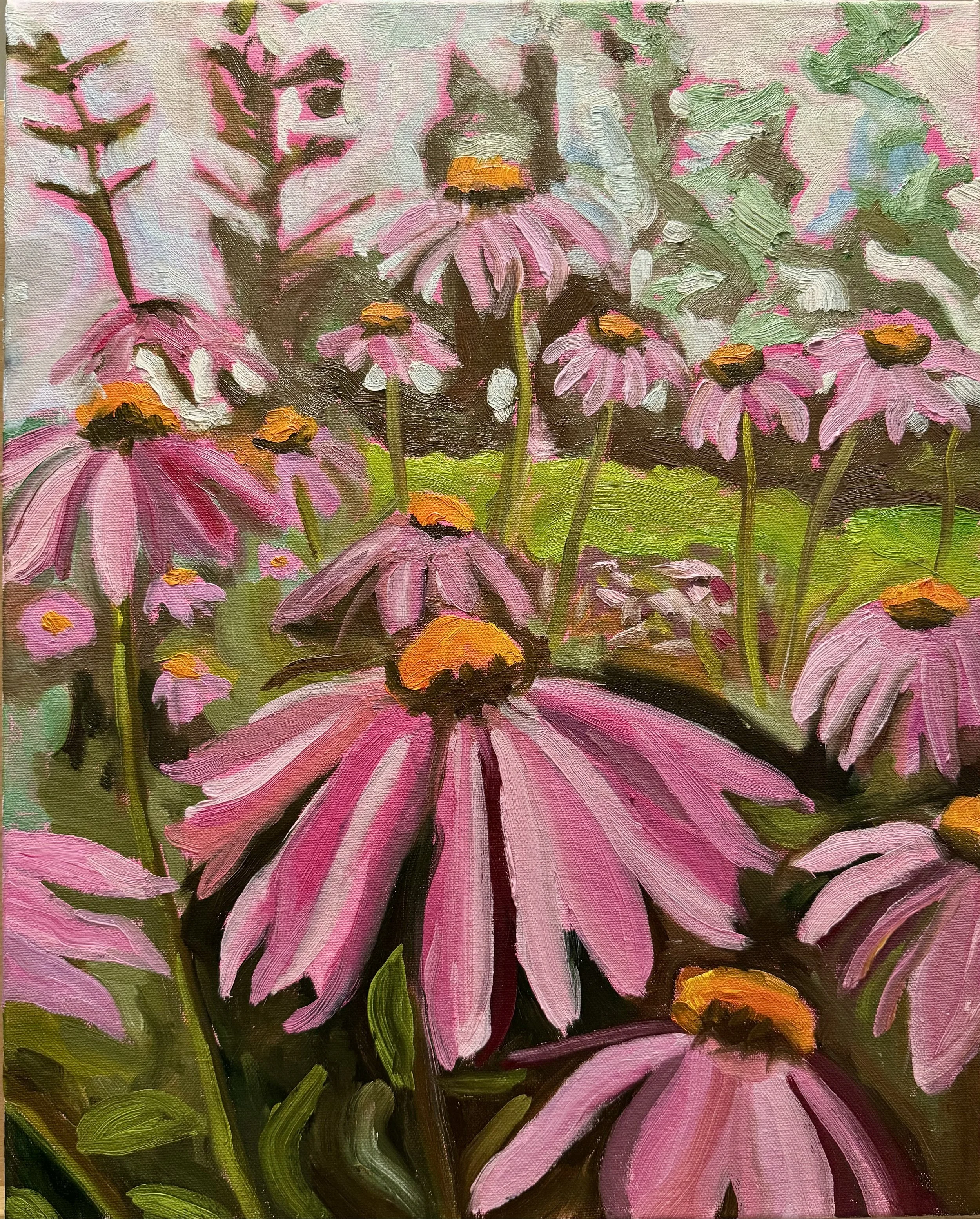An impressionistic painting of pink coneflowers with orange centers set against green leaves and stems.