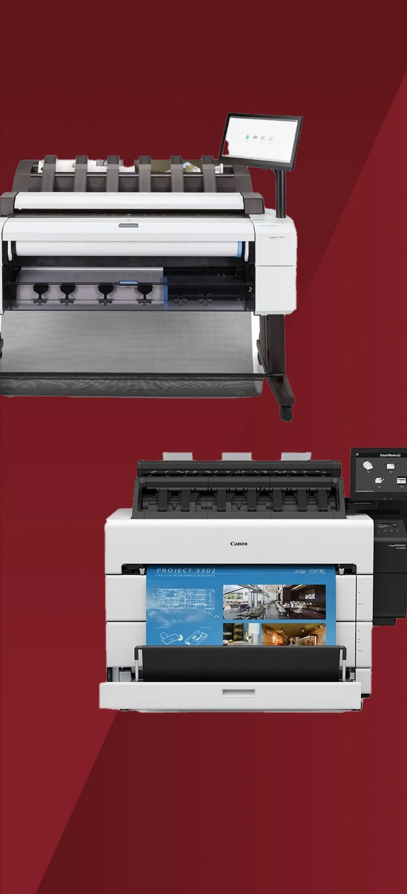 Two large professional color printers against a red background.