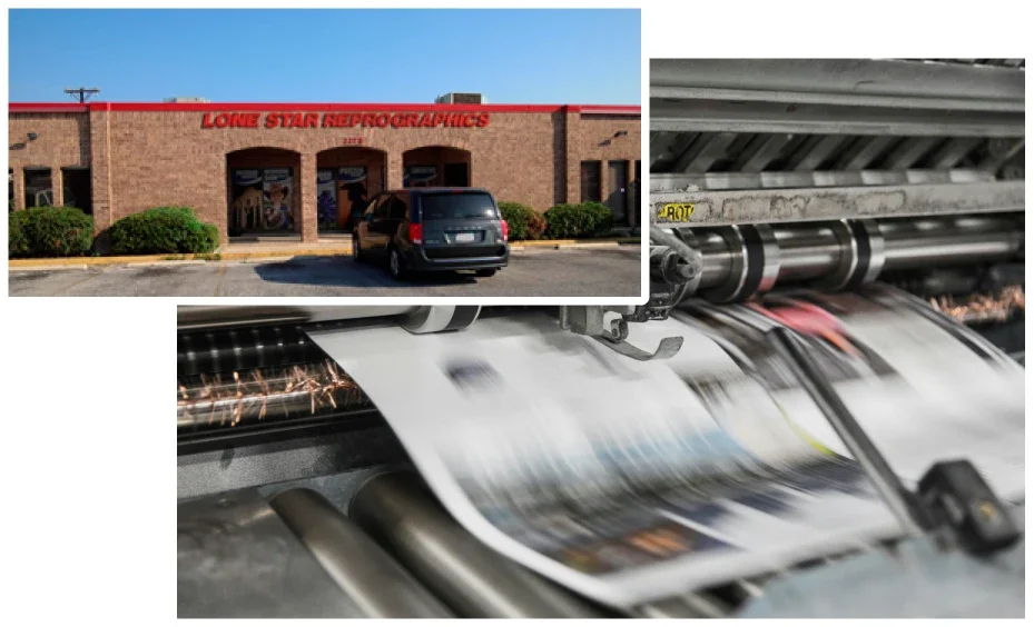 A printing facility with the sign 'Lone Star Reprographics' on the building, showing a black vehicle parked outside. Close-up of a printing press printing colorful sheets of paper, with sparks flying from the machine.