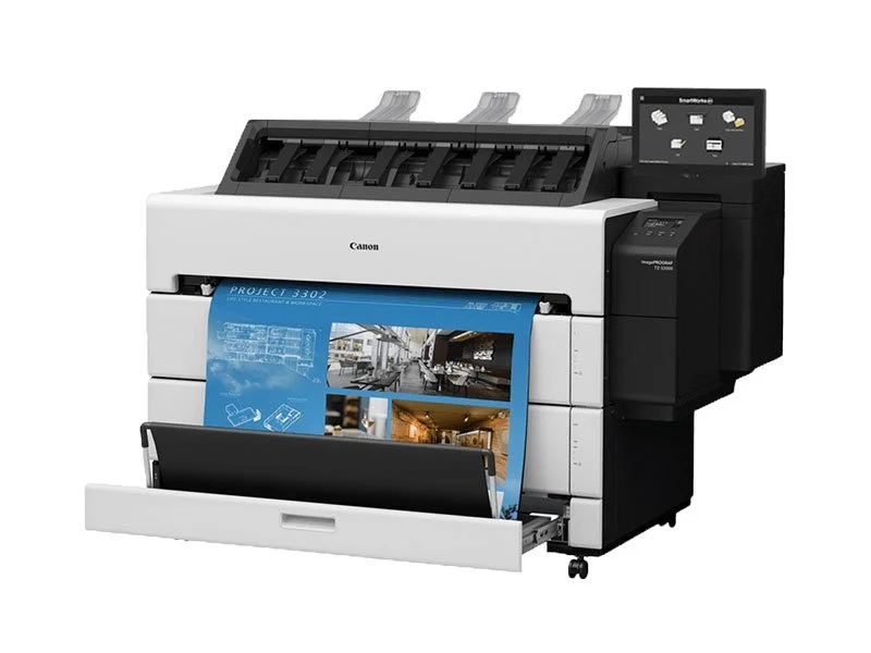 Large Canon digital printing machine printing a blue poster with architecture images.