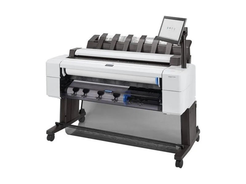 A large format printer with a touchscreen control panel and ink cartridges.