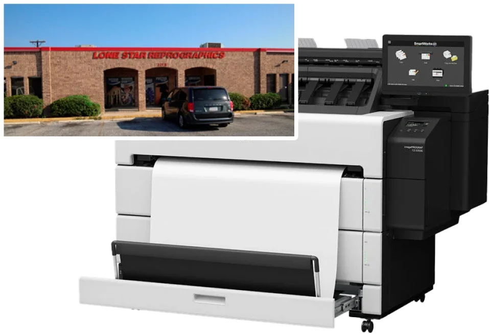 A large digital printing and copying machine with a paper output tray and a small screen display on top, next to a picture of a building with a sign that reads 'Lone Star Reprographics' and a black vehicle parked outside.