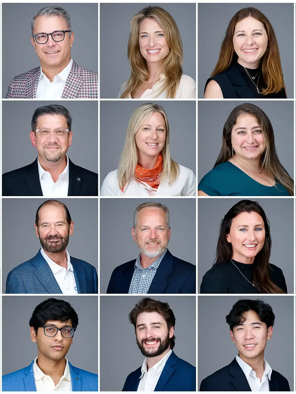 Collage of twelve professional headshots of diverse individuals with gray background.