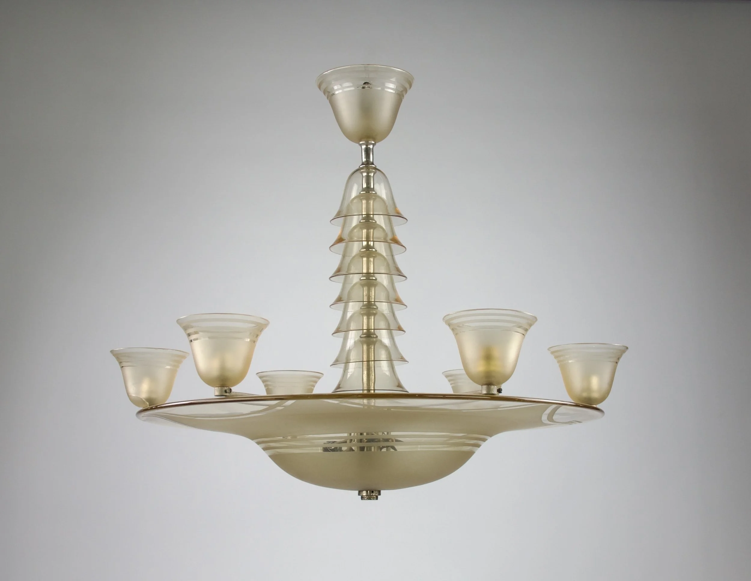 Daum Nancy, Geometric Smoked Glass 6-Armed Chandelier, France 1930s