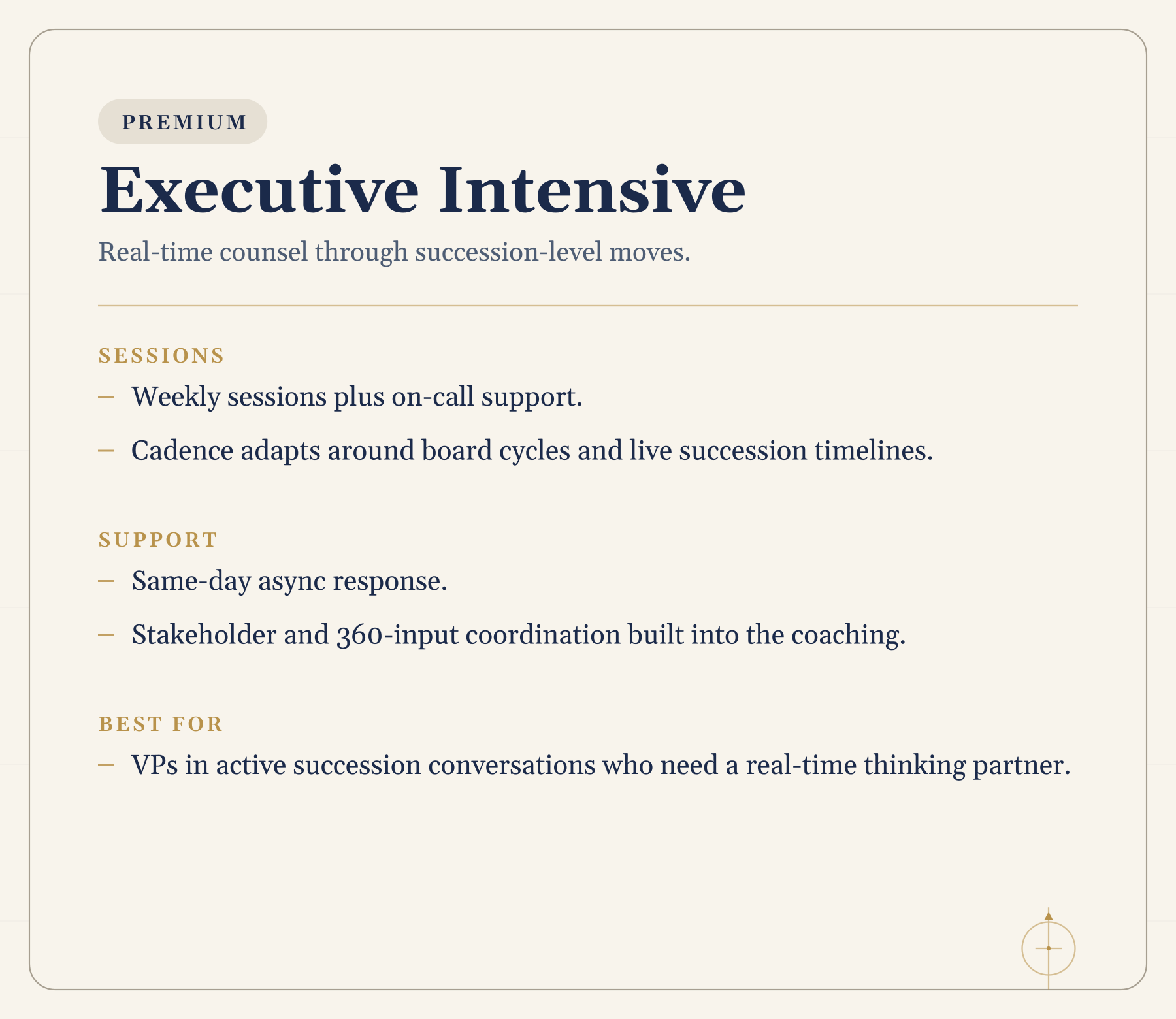 A website page advertising an executive training program called 'Executive Intensive' with sections detailing sessions, support, and ideal participants.