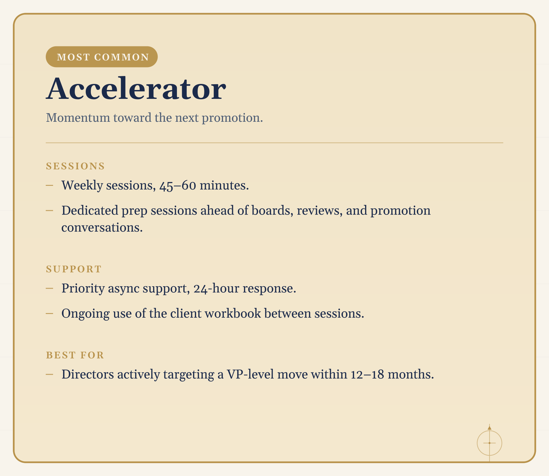 A section of a webpage with a beige background and dark blue text. It includes headers such as "Most Common" and "Support", followed by bullet points detailing sessions, support support, and best for target audiences.