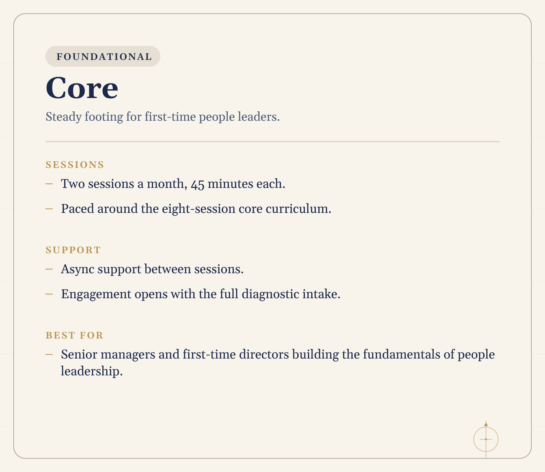 Screenshot of a webpage with a beige background, displaying a section titled 'Core' with details about sessions, support, and best for first-time people leaders and managers, in a professional, minimalist design.