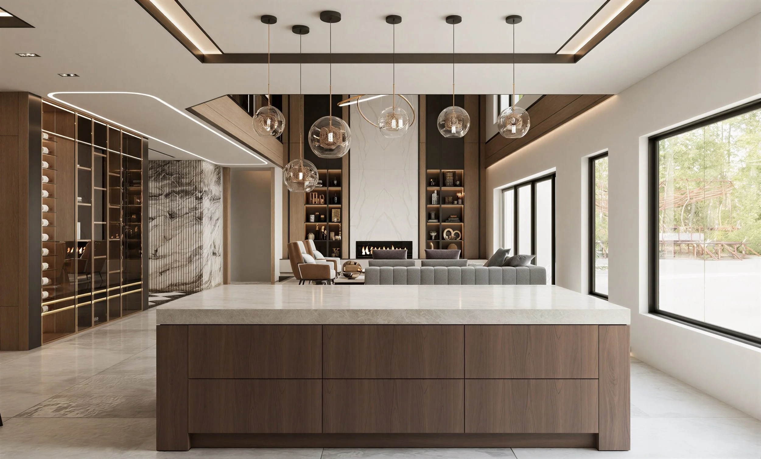Modern living room with large windows, wooden accents, a fireplace, and stylish hanging light fixtures.