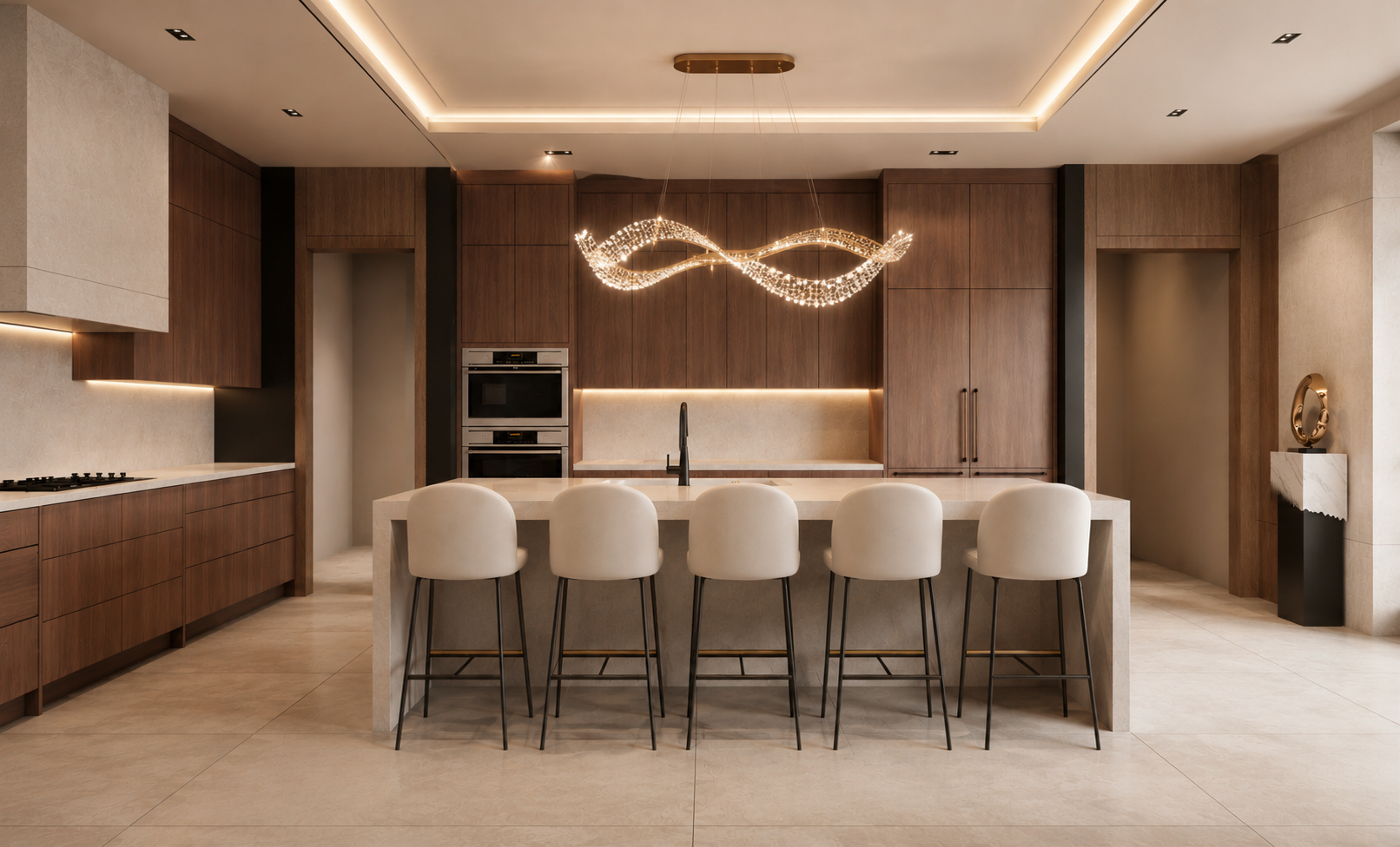 Modern kitchen with wooden cabinets, a white marble island with six white chairs, and a contemporary spiral chandelier above the island.