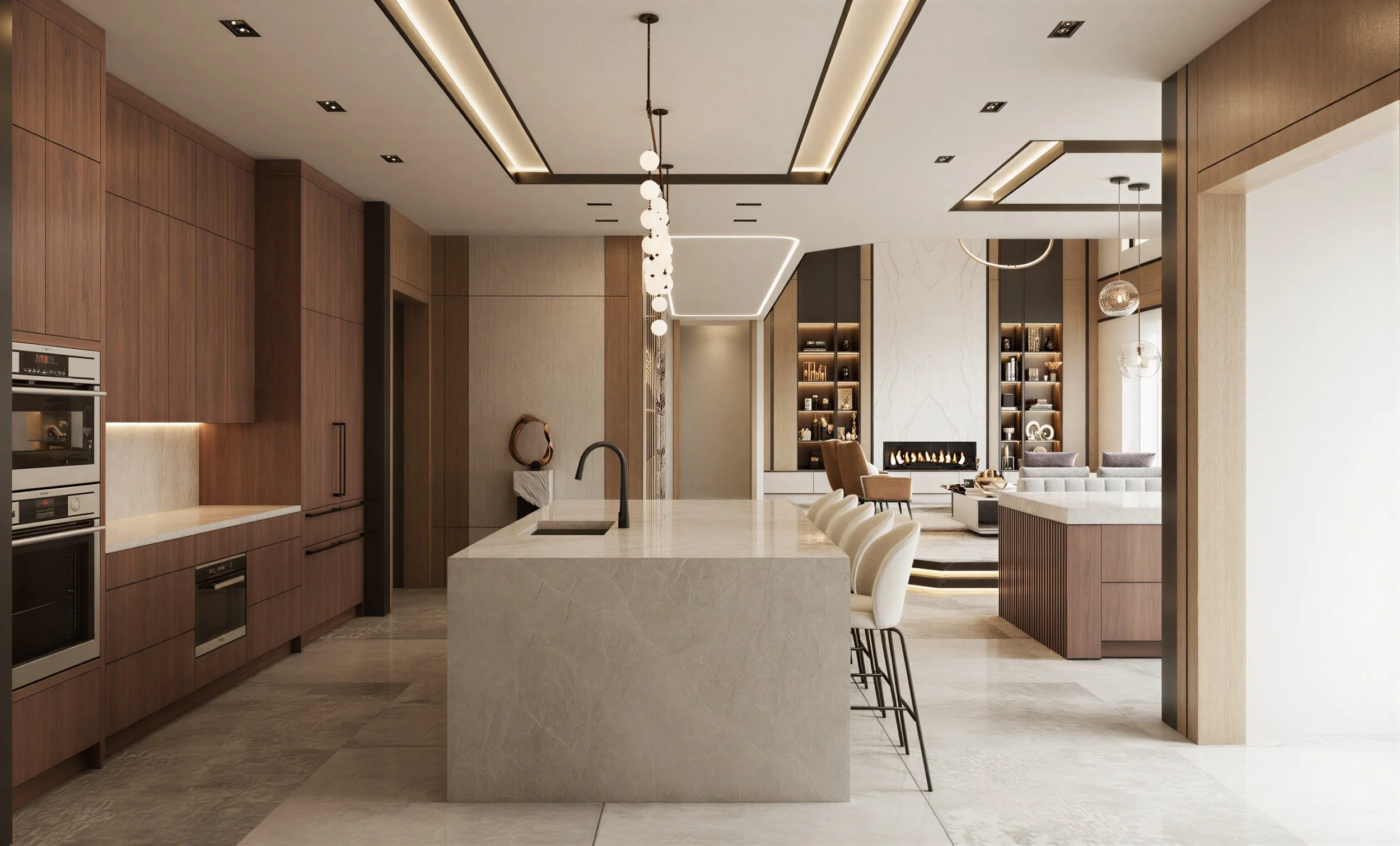 Modern open-concept kitchen and living room with wooden cabinets, marble kitchen island with bar stools, fireplace, and contemporary lighting fixtures.