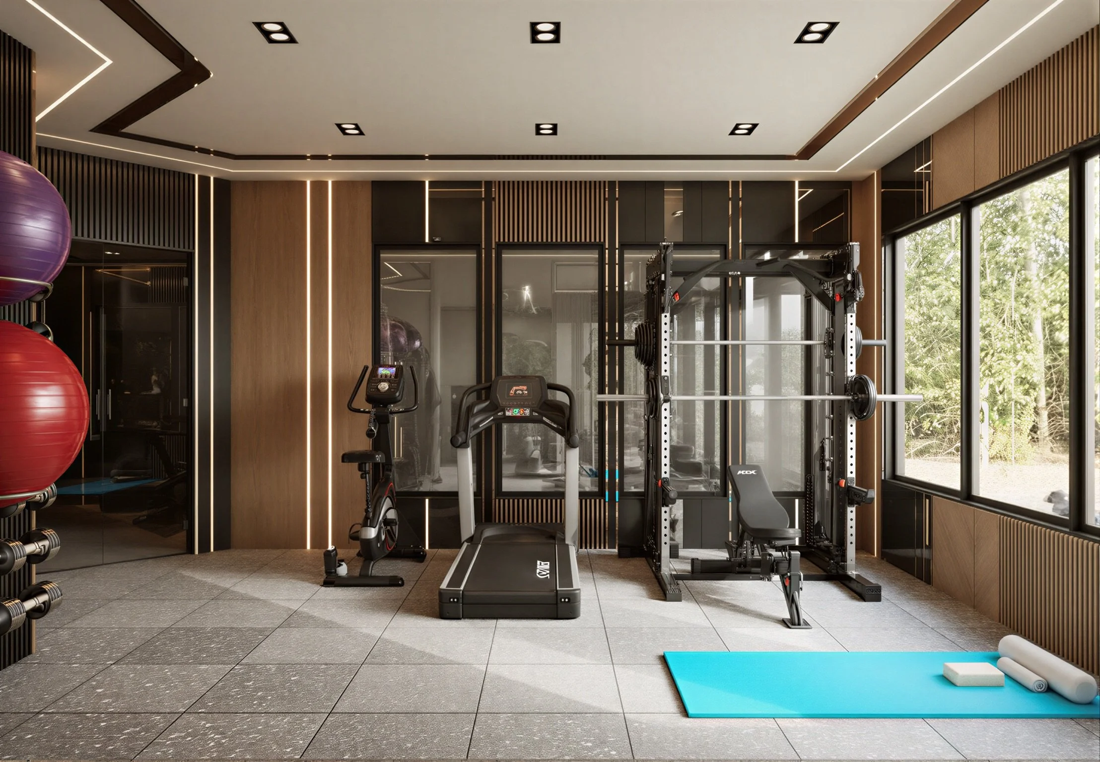Modern home gym with exercise equipment, yoga mat, foam rollers, and large windows.
