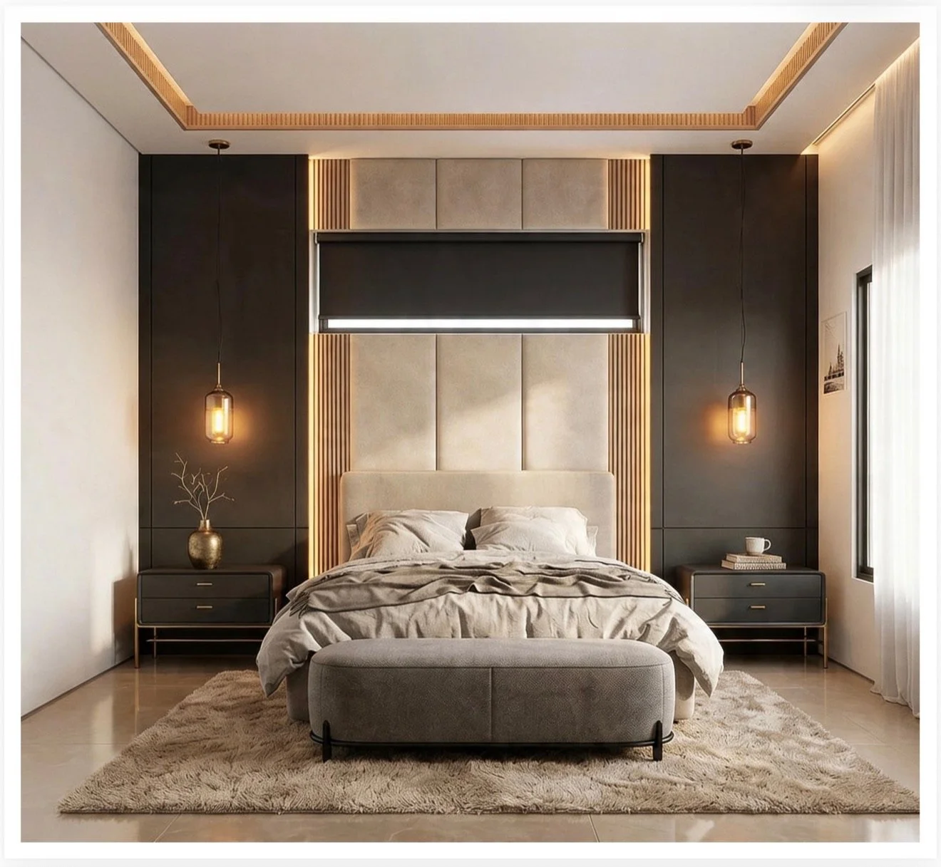 Modern bedroom with a beige upholstered bed, dark nightstands, hanging pendant lights, a textured rug, and a large window with sheer curtains.