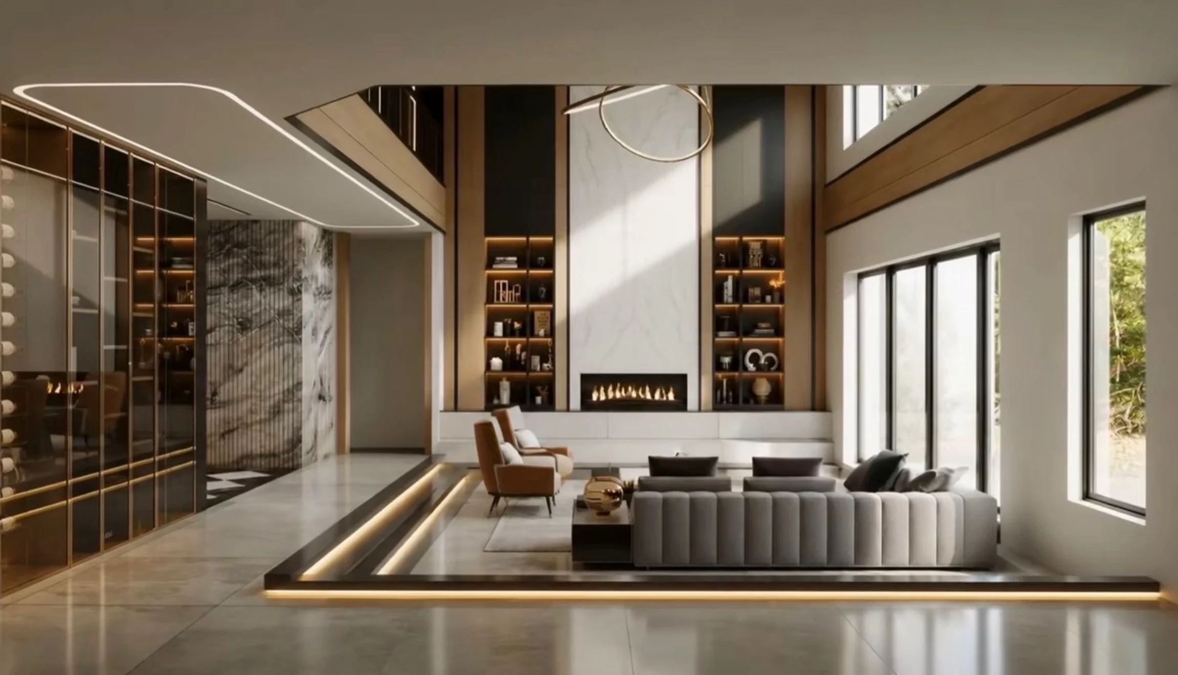 Modern living room with large windows, built-in bookshelves, a fireplace, and contemporary furniture.