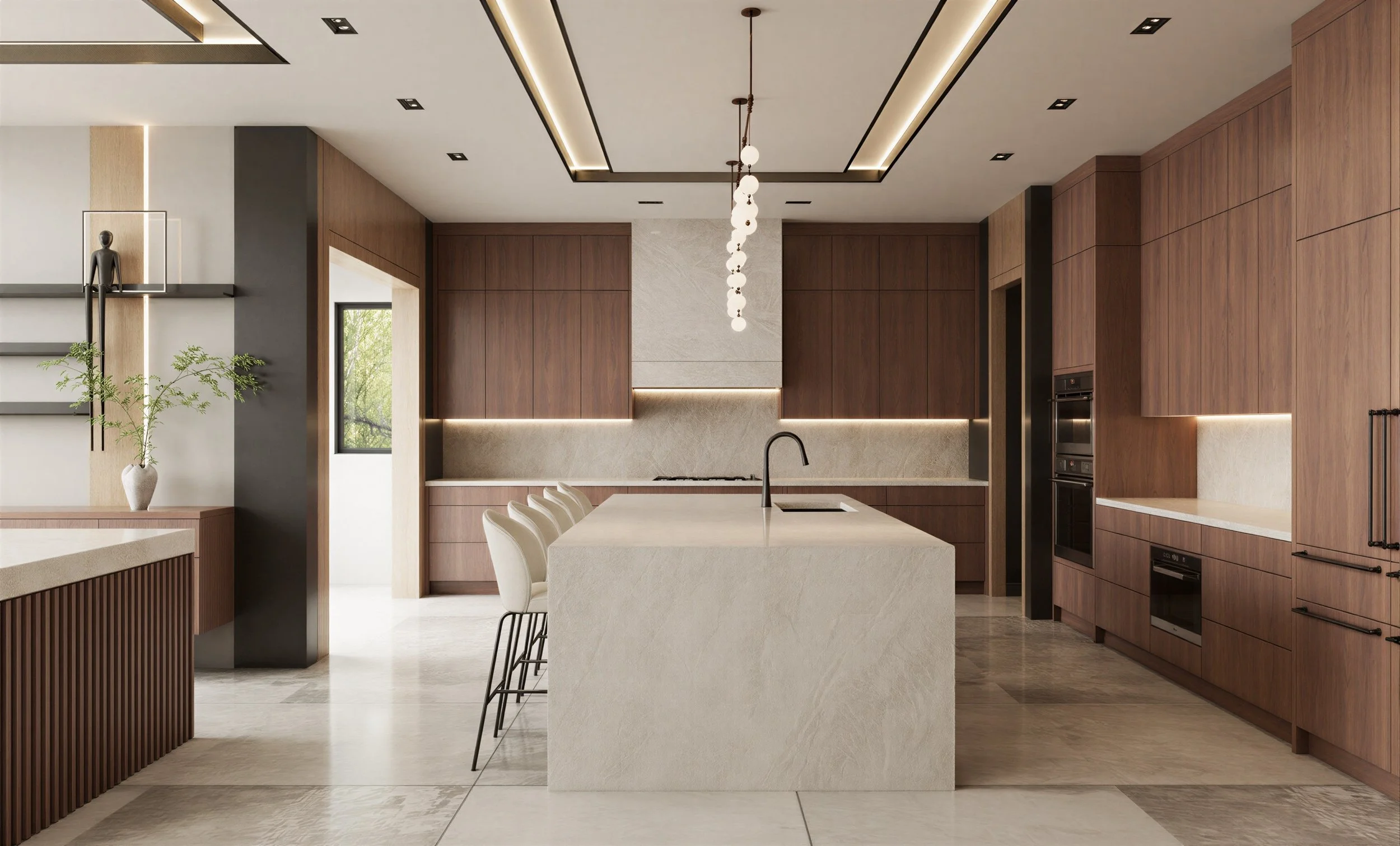 Modern kitchen with wooden cabinetry, a central island with a built-in sink, white chairs, pendant lighting, and a window showing greenery outside.