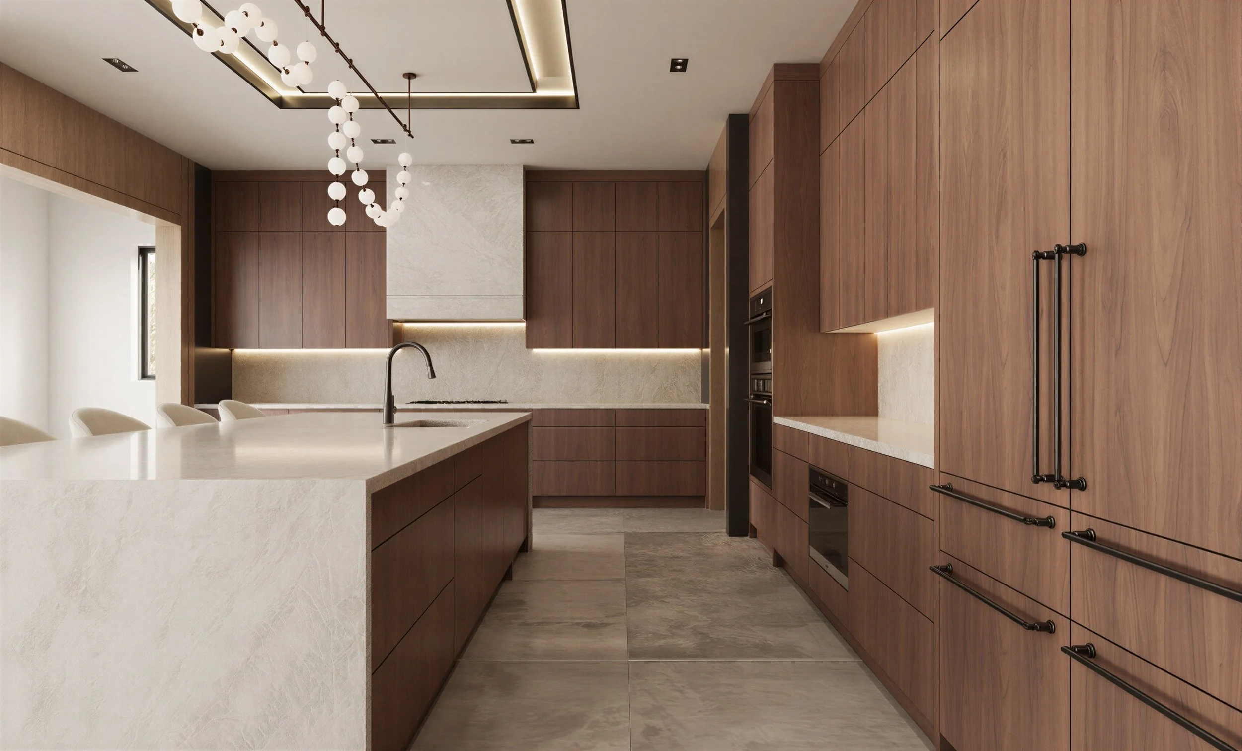 Modern kitchen with brown wood cabinets, a large white island with a black faucet, and built-in appliances, illuminated by stylish lighting fixtures.