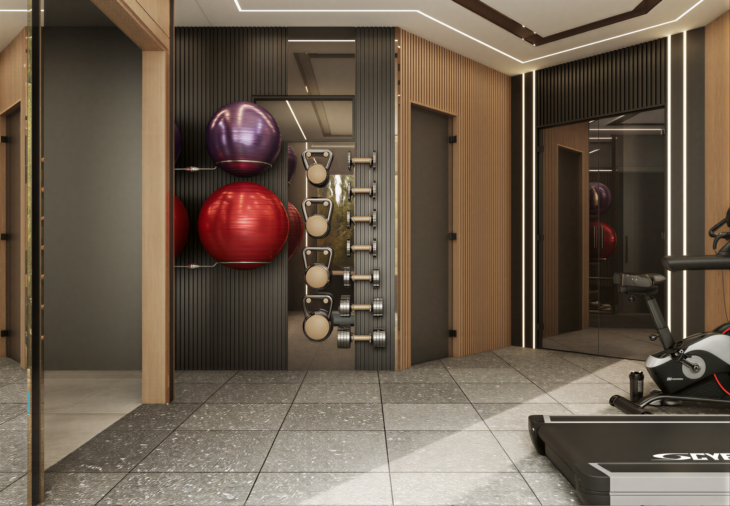 Modern gym interior with black and wooden wall panels, exercise equipment including kettlebells, exercise balls, dumbbells, and a stationary bike, with mirrored walls and LED lighting.
