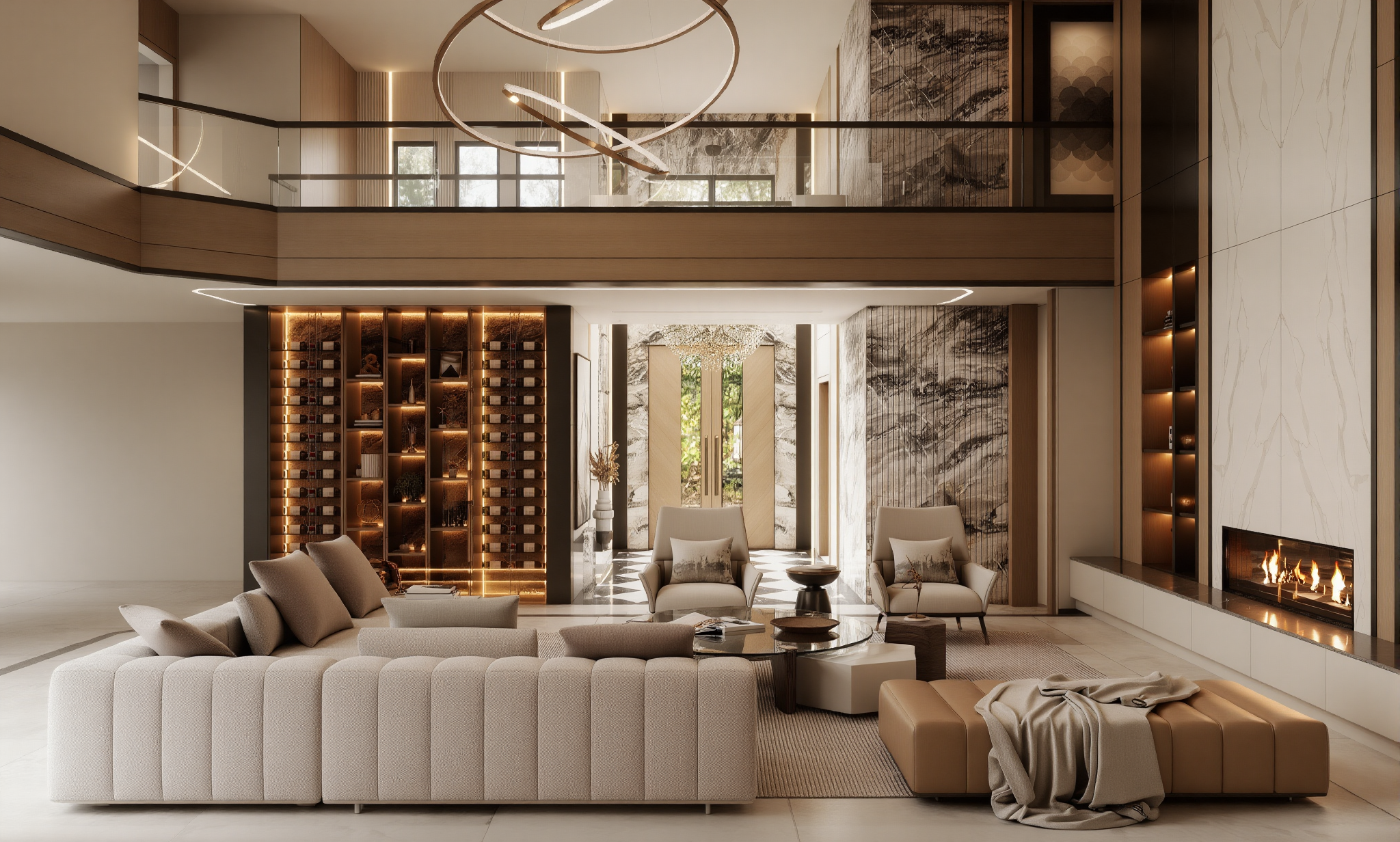 Modern living room with beige sectional sofa, armchair, and fireplace, featuring a built-in wine rack, marble wall accents, and circular chandeliers.