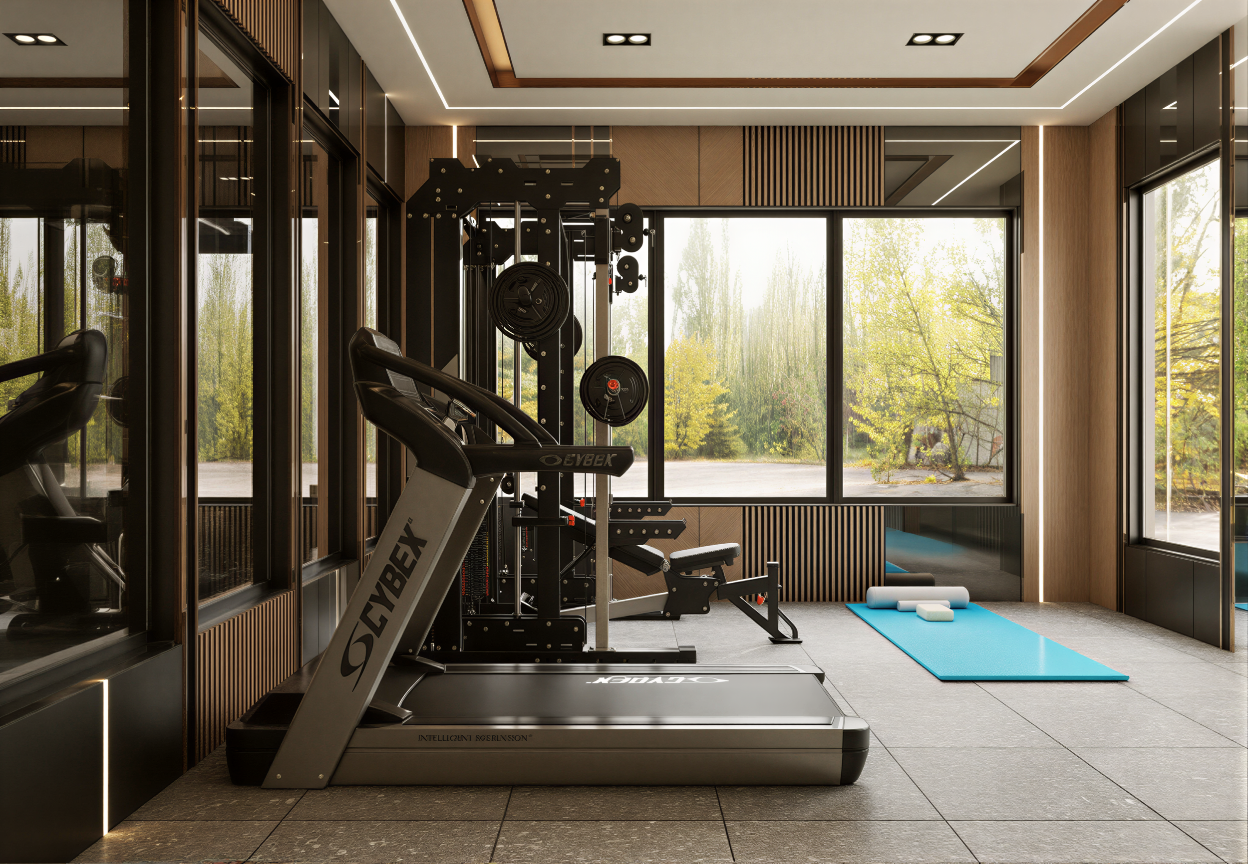 Modern gym with treadmill, exercise machine, yoga mat, and foam rollers, large windows with outdoor trees visible, and wooden wall accents.