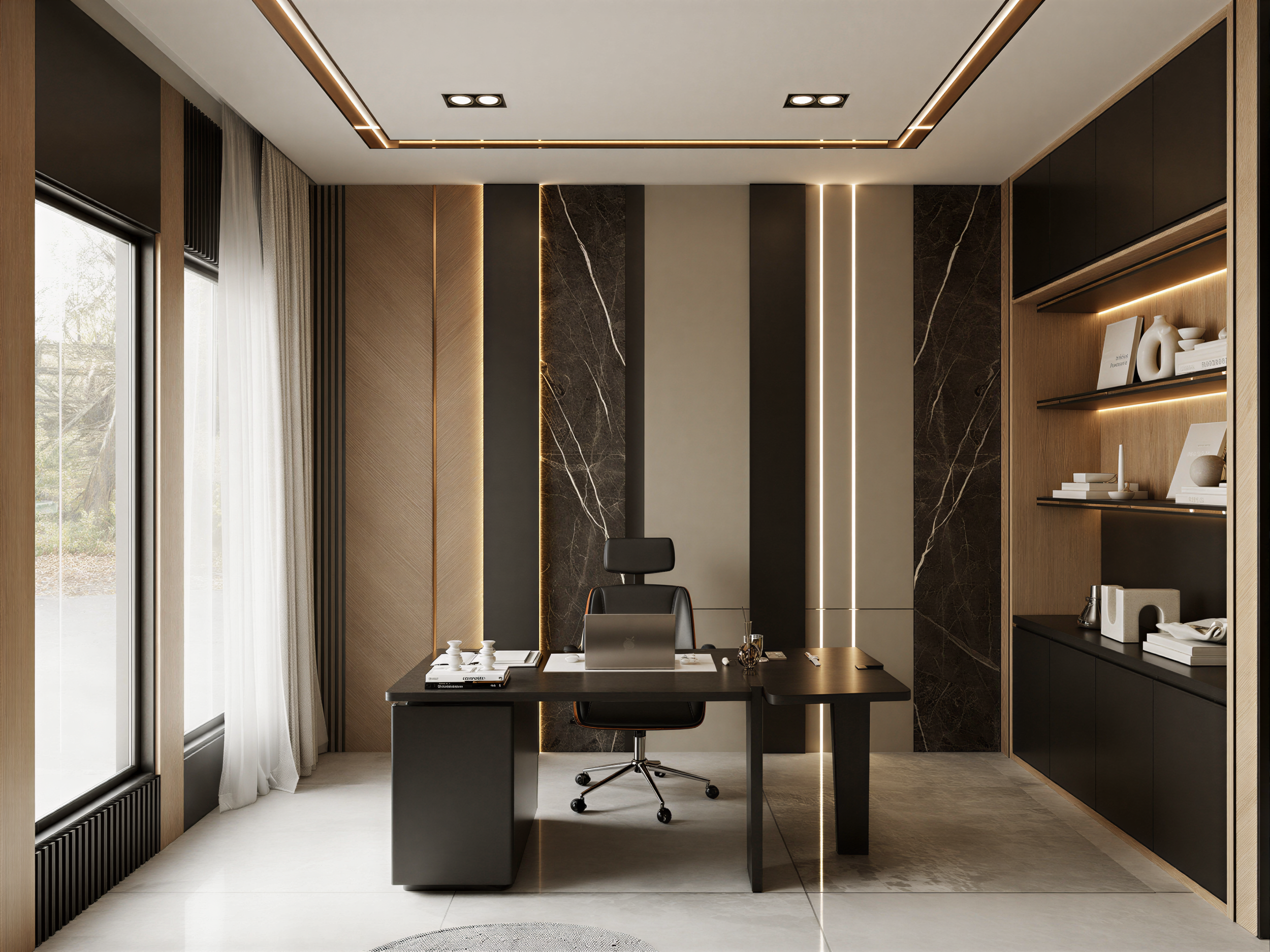 Modern home office with black desk, black swivel chair, beige walls, black marble accent wall, large window with sheer curtains, ceiling with recessed lighting and wooden trim, open shelving with books and decorative objects.