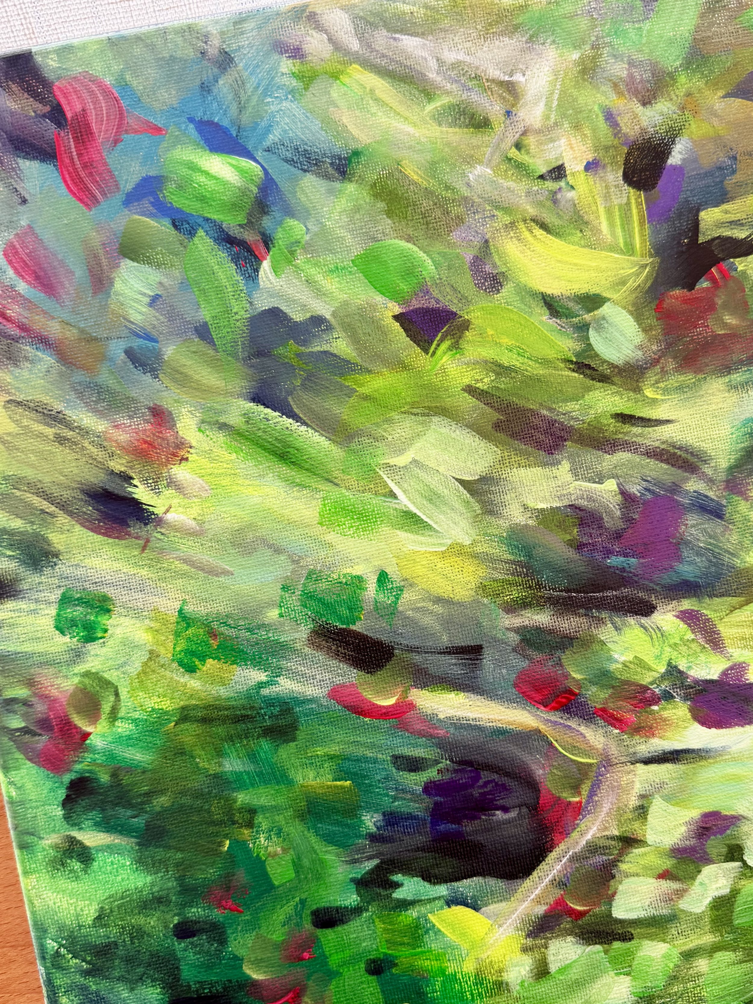 Abstract impressionist painting with bold brush strokes of green, purple, pink, blue, and yellow colors.