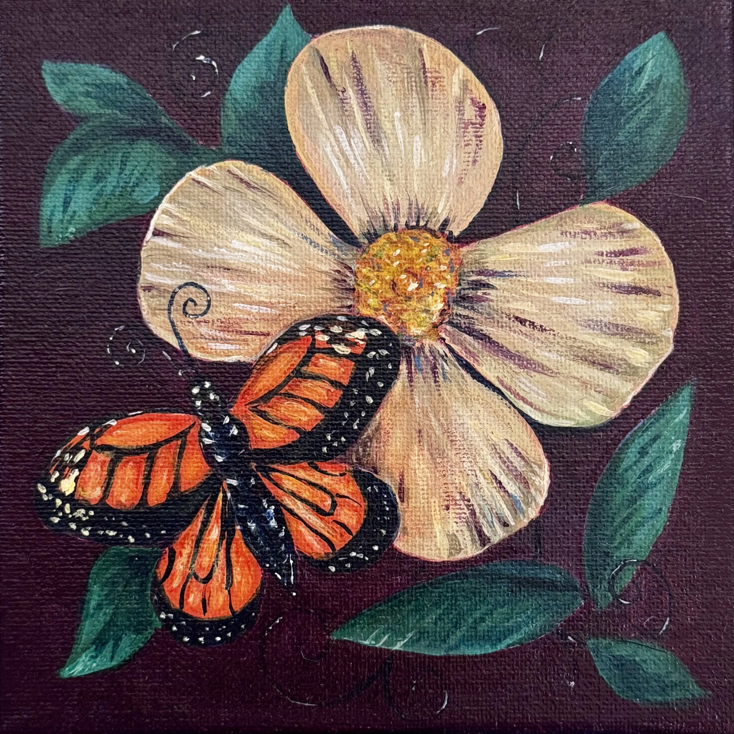 A painting of a flower with orange and black butterfly perched on one of its petals, with green leaves in the background.