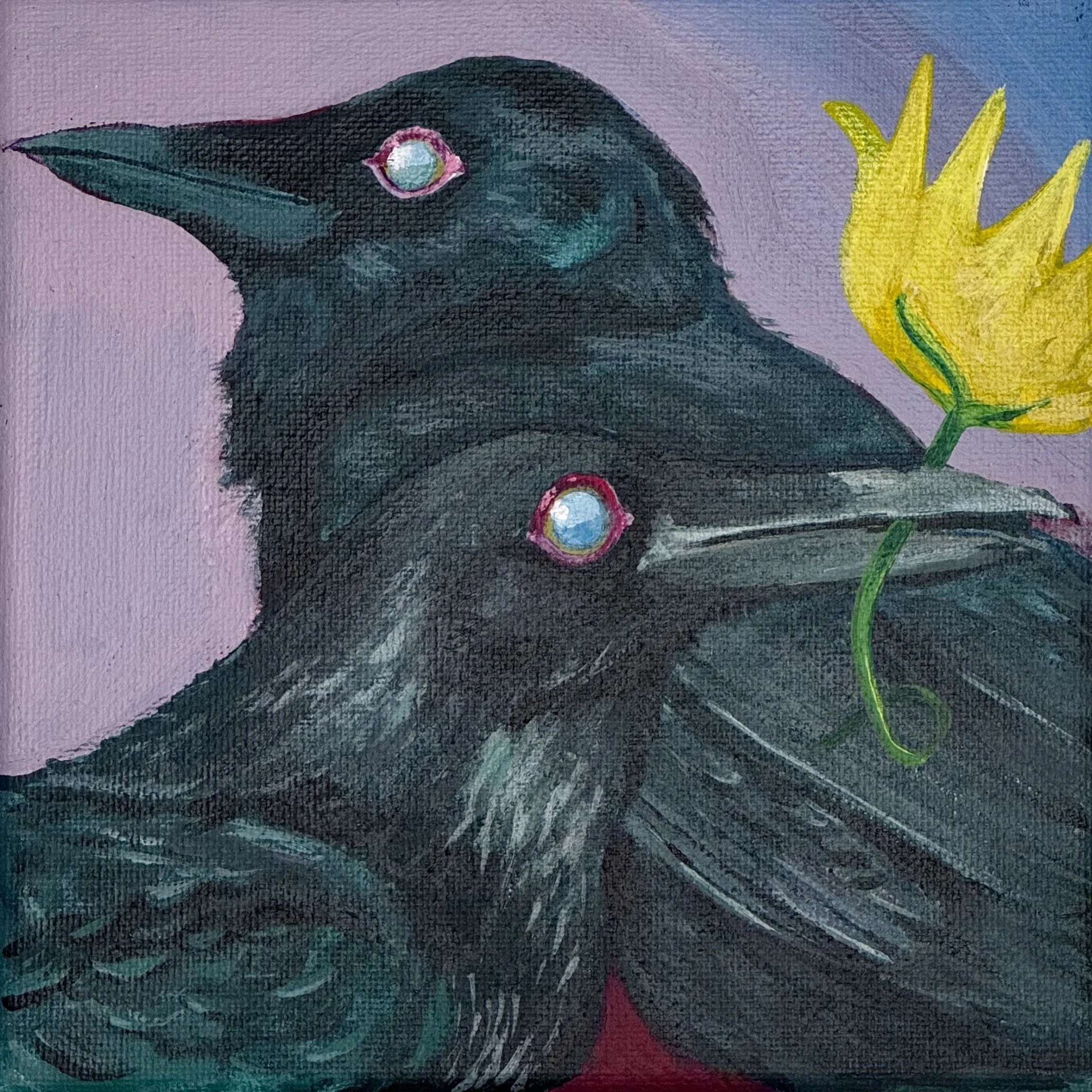 Painting of two black crows with large light-colored eyes, yellow flower with green stem, and textured purple background.