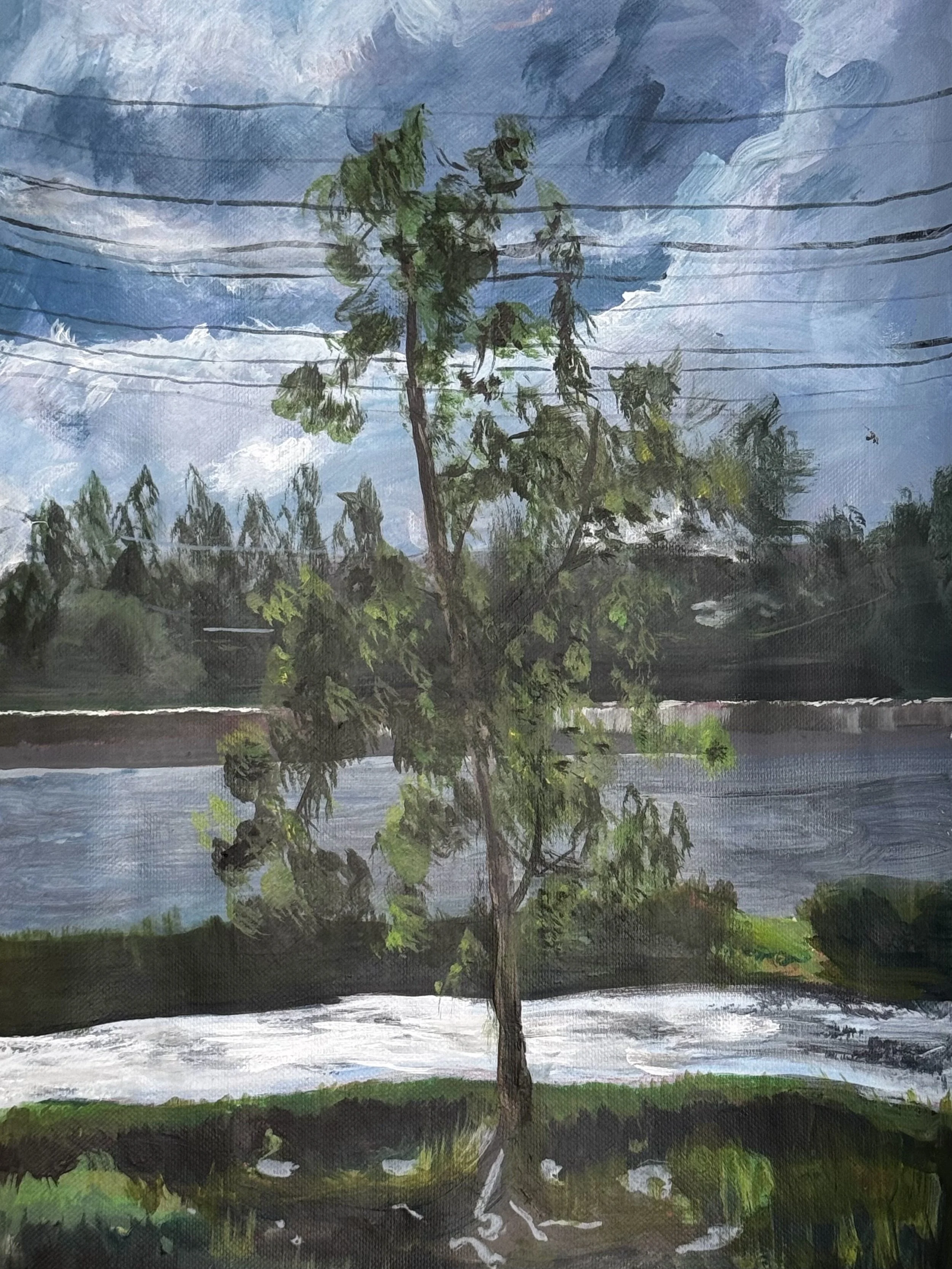 An acrylic painting of a tree on the LA River, with a cloudy sky overhead.