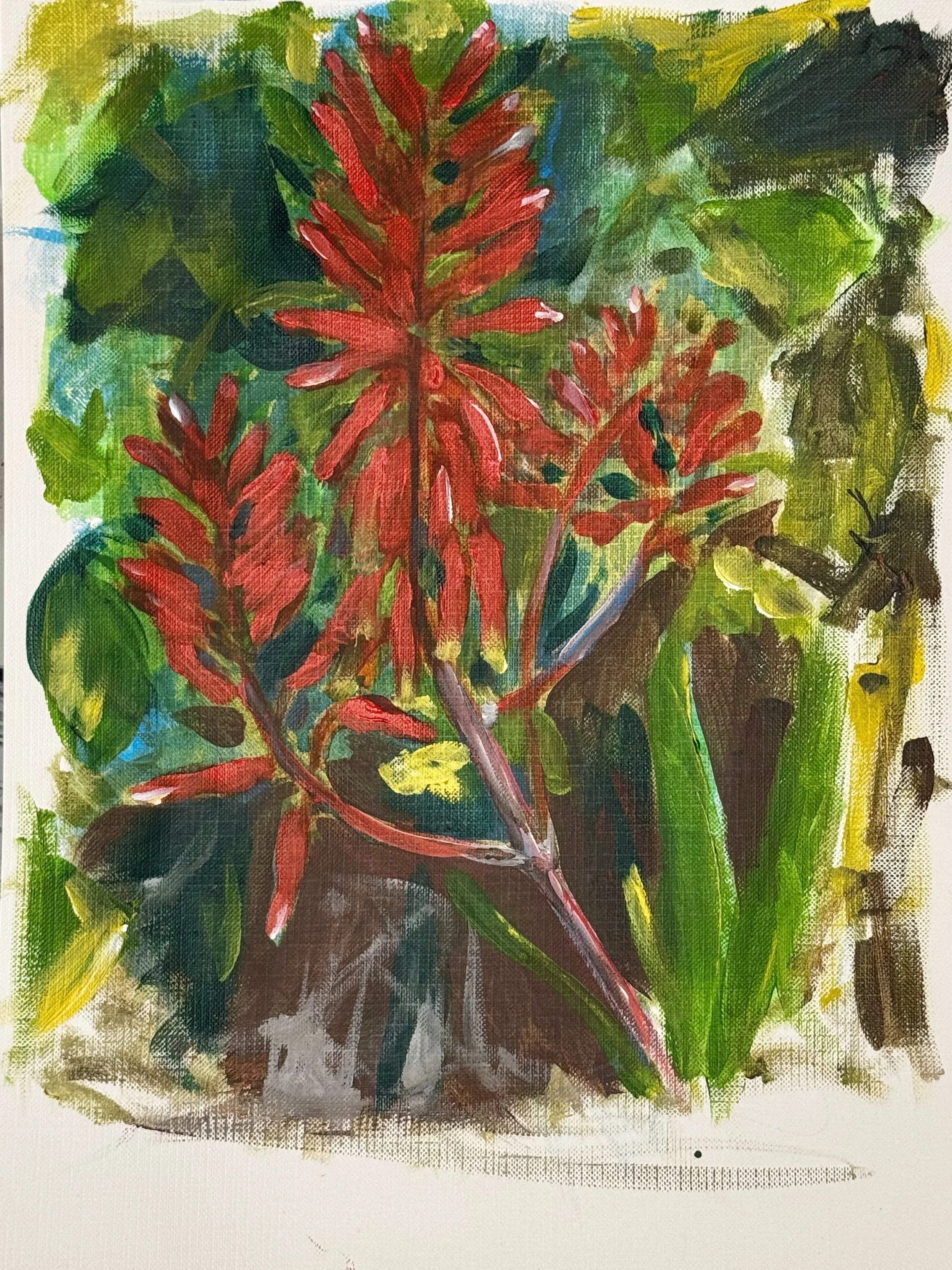 A colorful abstract painting of red and green plant-like forms with yellow and dark accents, set against a neutral background.