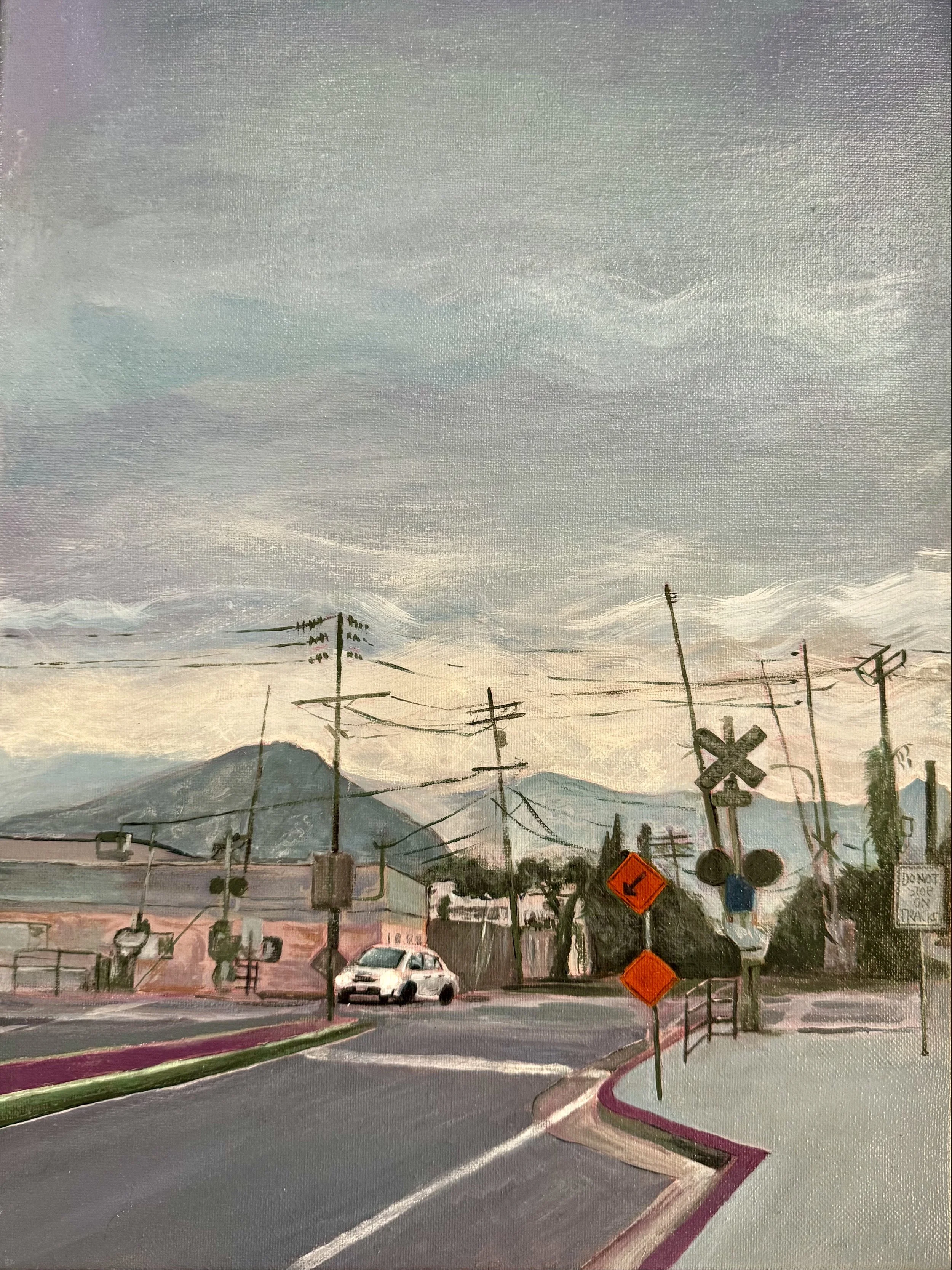Painting of a street scene with power lines, traffic signs, a white car, and mountainous background under a cloudy sky.