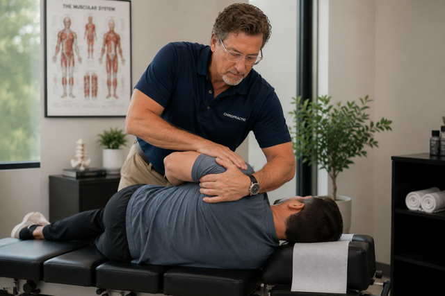 Chiropractor adjusting a patient's arm in a medical office