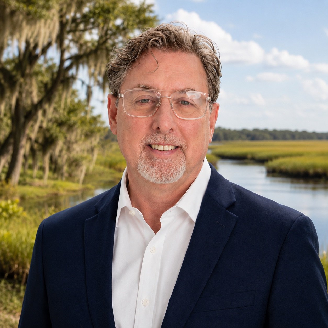 A middle-aged man with curly gray hair, glasses, and a beard in a navy suit and white shirt, smiling outdoors near a marshy landscape with water, trees, and a blue sky.