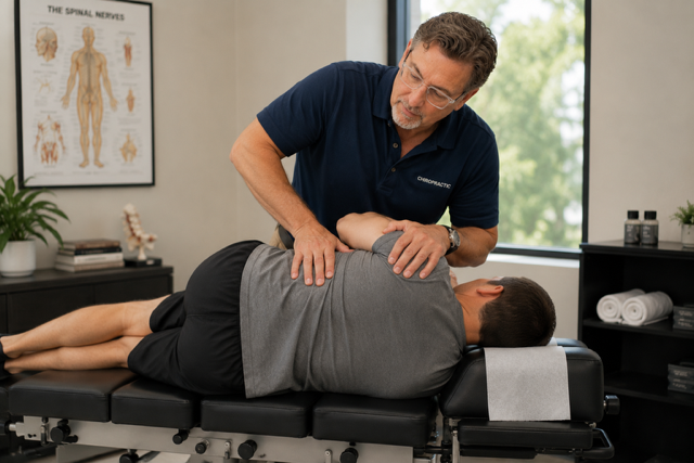Chiropractor adjusting a patient lying face down on a chiropractic table in a medical office.