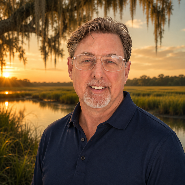 A man with glasses and a beard smiling outdoors during sunset, standing near a marsh with tall grass and trees hanging moss in the background.