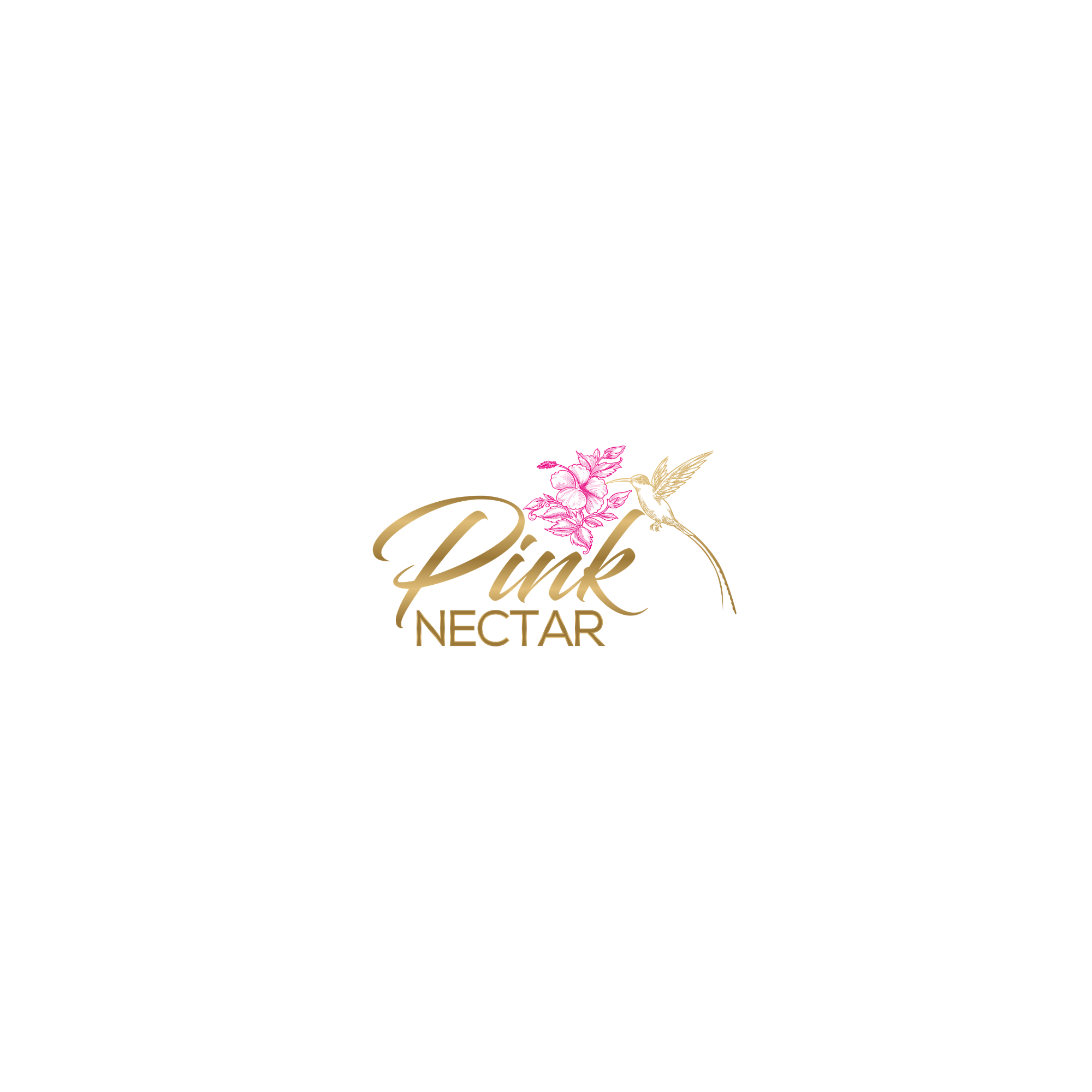 Close-up of a logo with gold-colored cursive text reading 'Pink Nectar' and floral and hummingbird illustrations on a white background.
