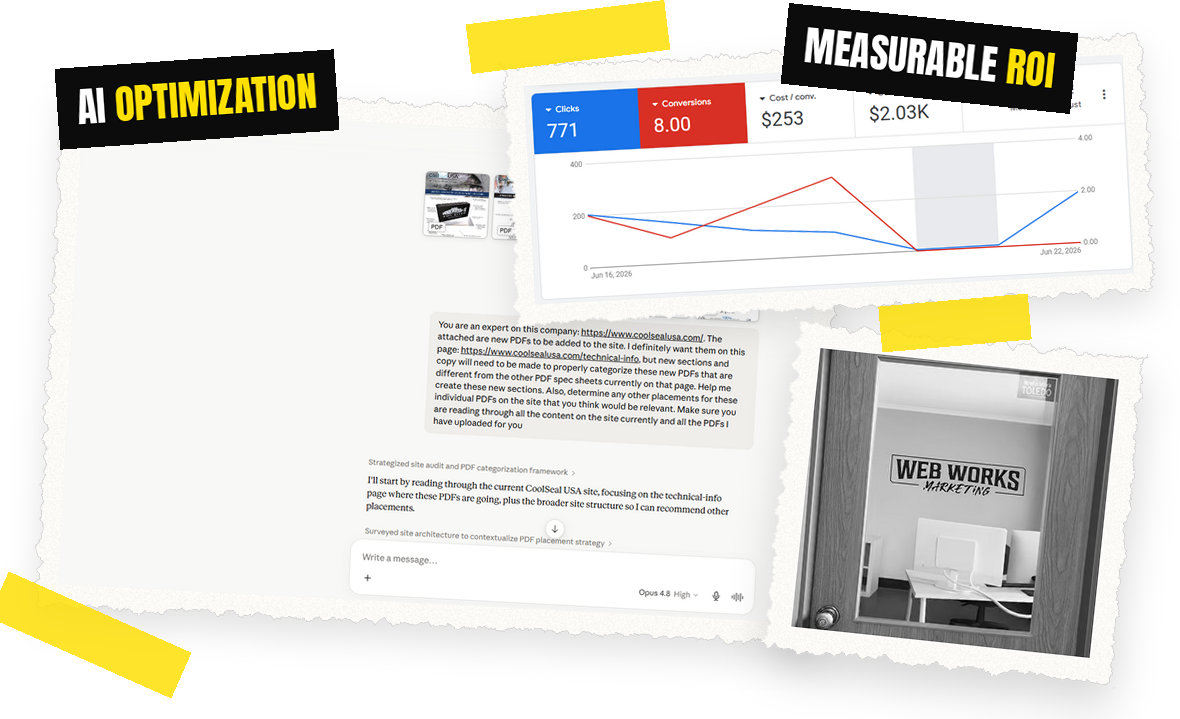 Scrapbook collage of Web Works Marketing's AI work: an AI chat prompt, Google Ads results, and the office door, tagged AI Optimization and Measurable ROI