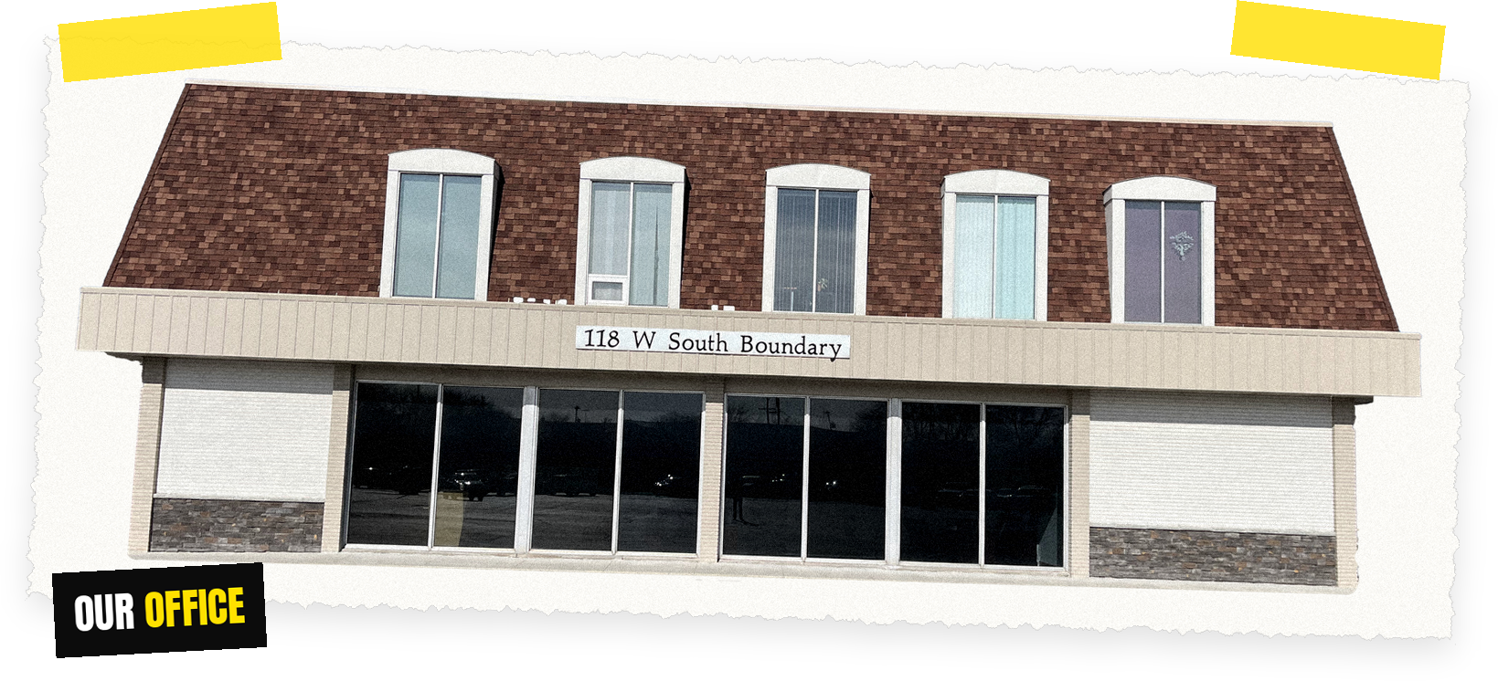 "Web Works Marketing's office building at 118 W South Boundary near Toledo, Ohio, shown as a taped scrapbook photo with an Our Office tag.