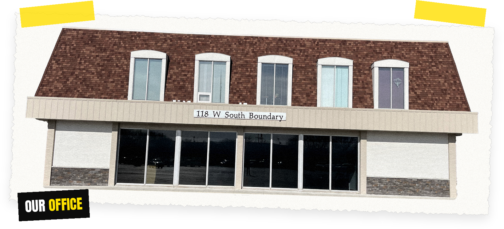 Web Works Marketing's office building at 118 W South Boundary near Toledo, Ohio, shown as a taped scrapbook photo with an Our Office tag.